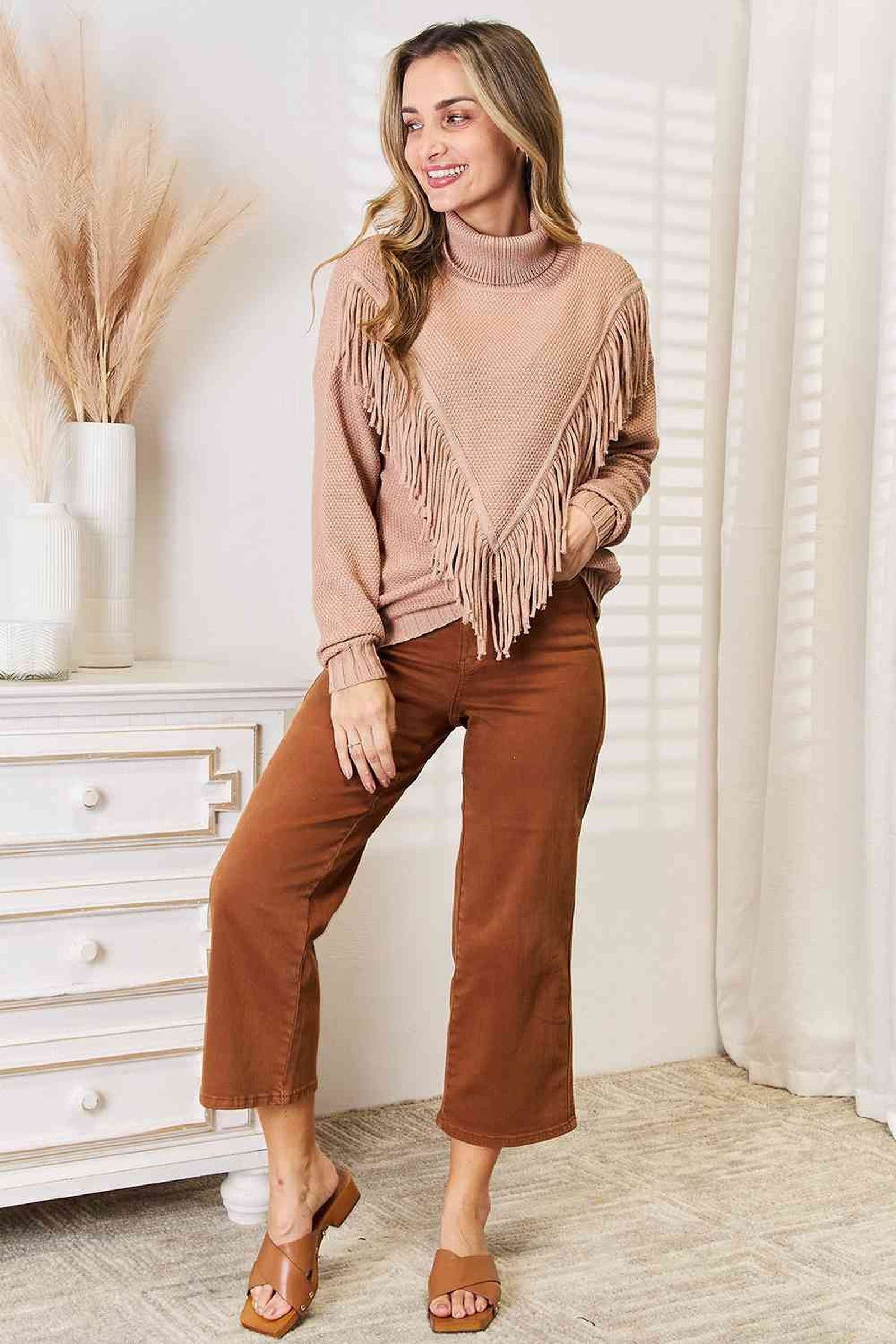 Woven Right Turtleneck Fringe Front Long Sleeve Sweater -