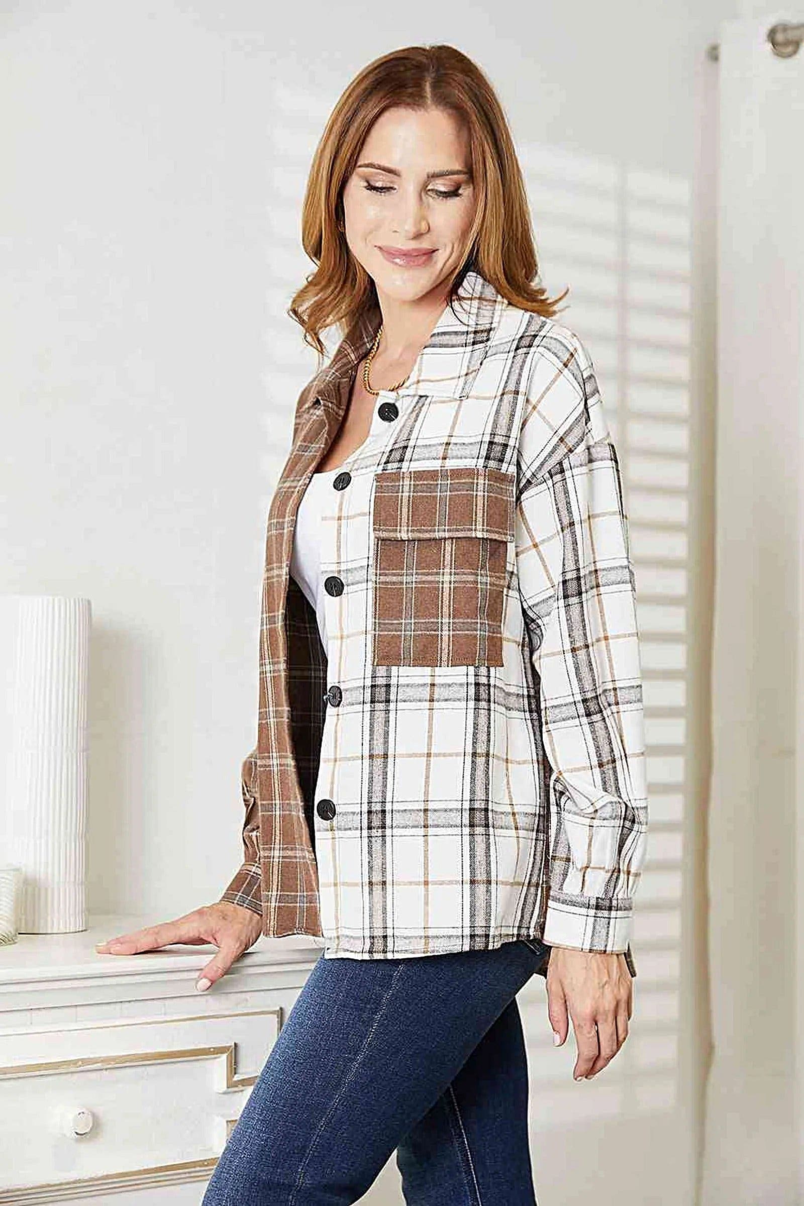 Chic Double Take Plaid Button Up Shirt Jacket with Contrast Design and Pocketed Detail Trendsi
