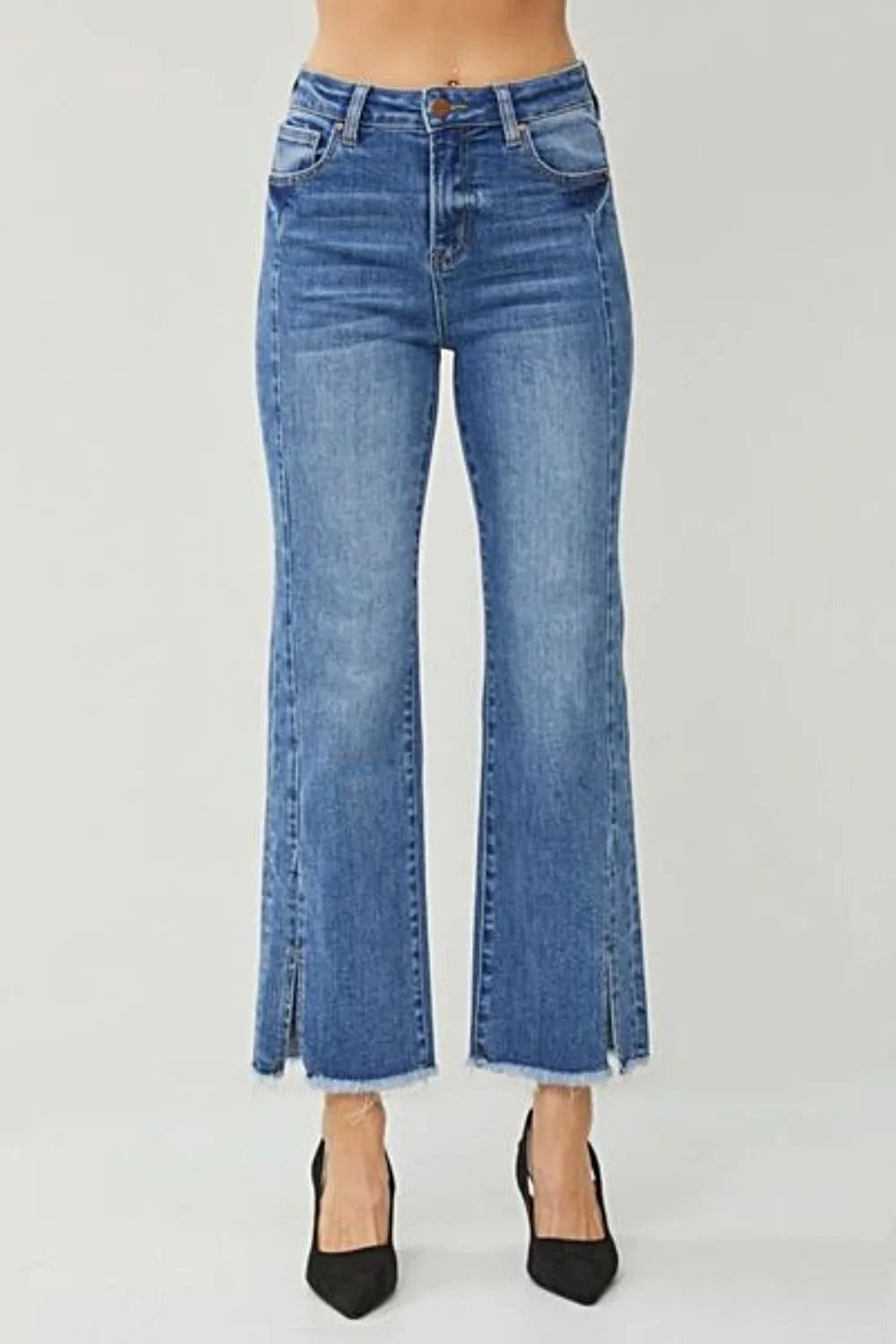 RISEN High Waist Raw Hem Slit Straight Jeans - Jeans