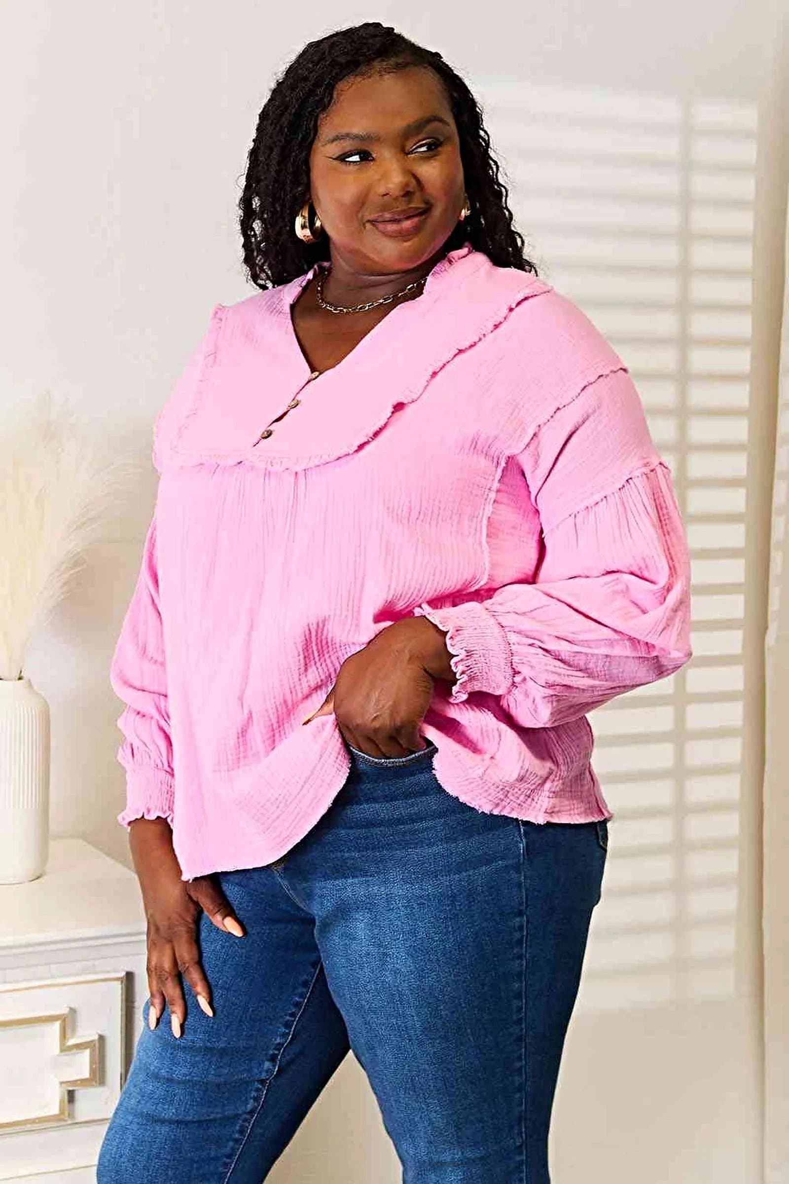 Chic Double Take Exposed Seam Notched Neck Blouse in 100% Cotton for Effortless Elegance Trendsi