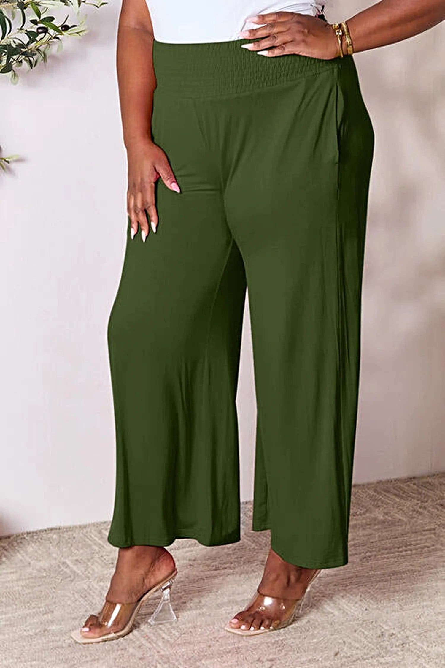 Elegant Wide Leg Pants with Smocked Waistband - Opaque Comfort in Sizes S-3XL Trendsi