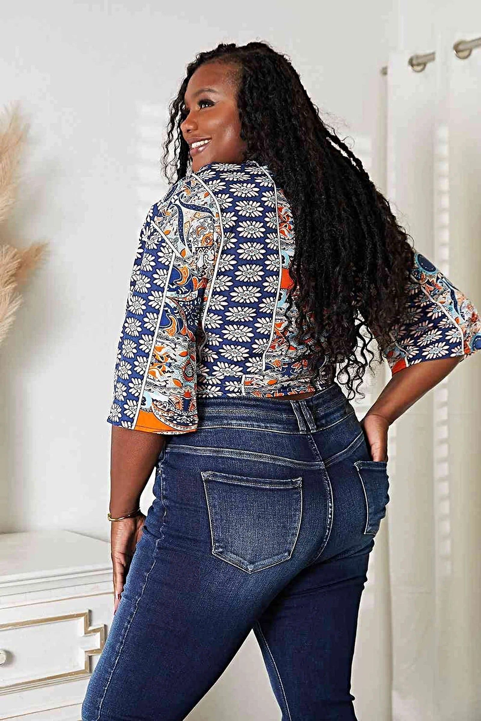 Chic Double Take Three-Quarter Sleeve Blouse with V-Neck and Tie Hem Detail Trendsi