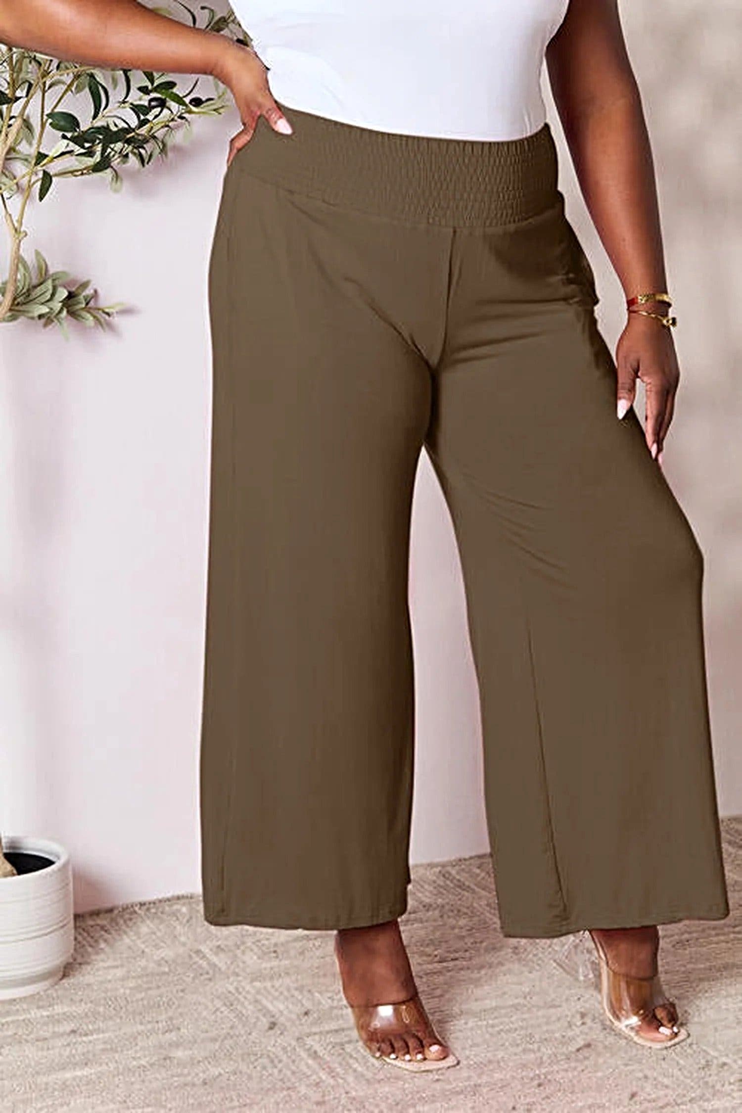 Elegant Wide Leg Pants with Smocked Waistband - Opaque Comfort in Sizes S-3XL Trendsi