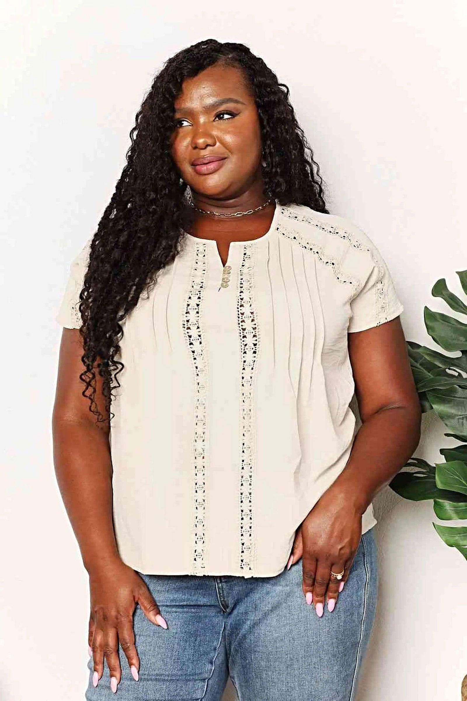 Chic Short Sleeve Crochet Shirt with Button Detail - Available in Plus Sizes Trendsi