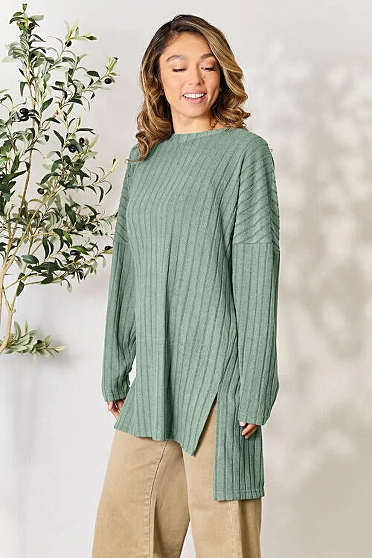 Chic Ribbed Long Sleeve Top with Slit - Basic Bae Full Size Round Neck Design for Effortless Style Trendsi