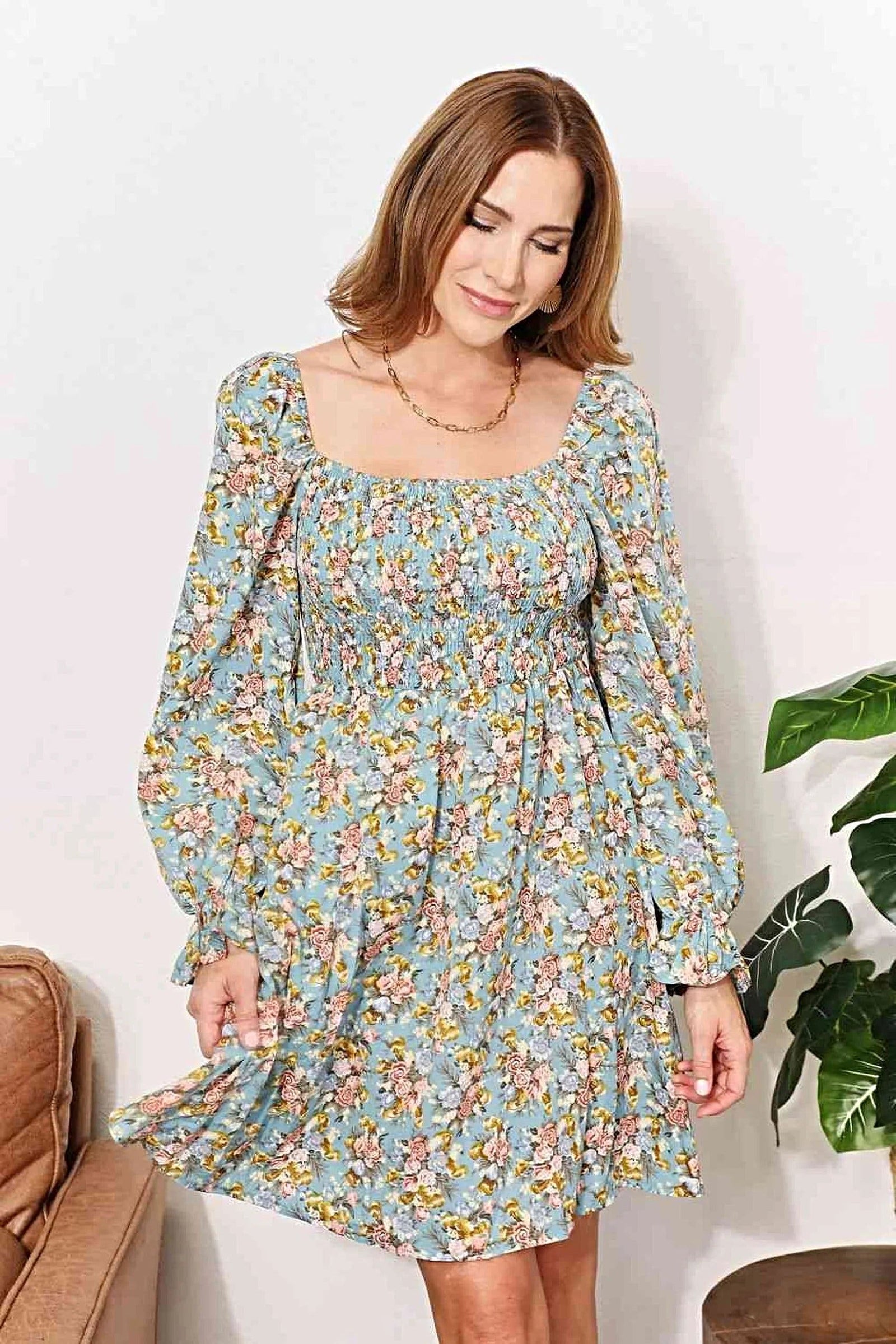 Double Take Floral Smocked Flounce Sleeve Square Neck Dress -