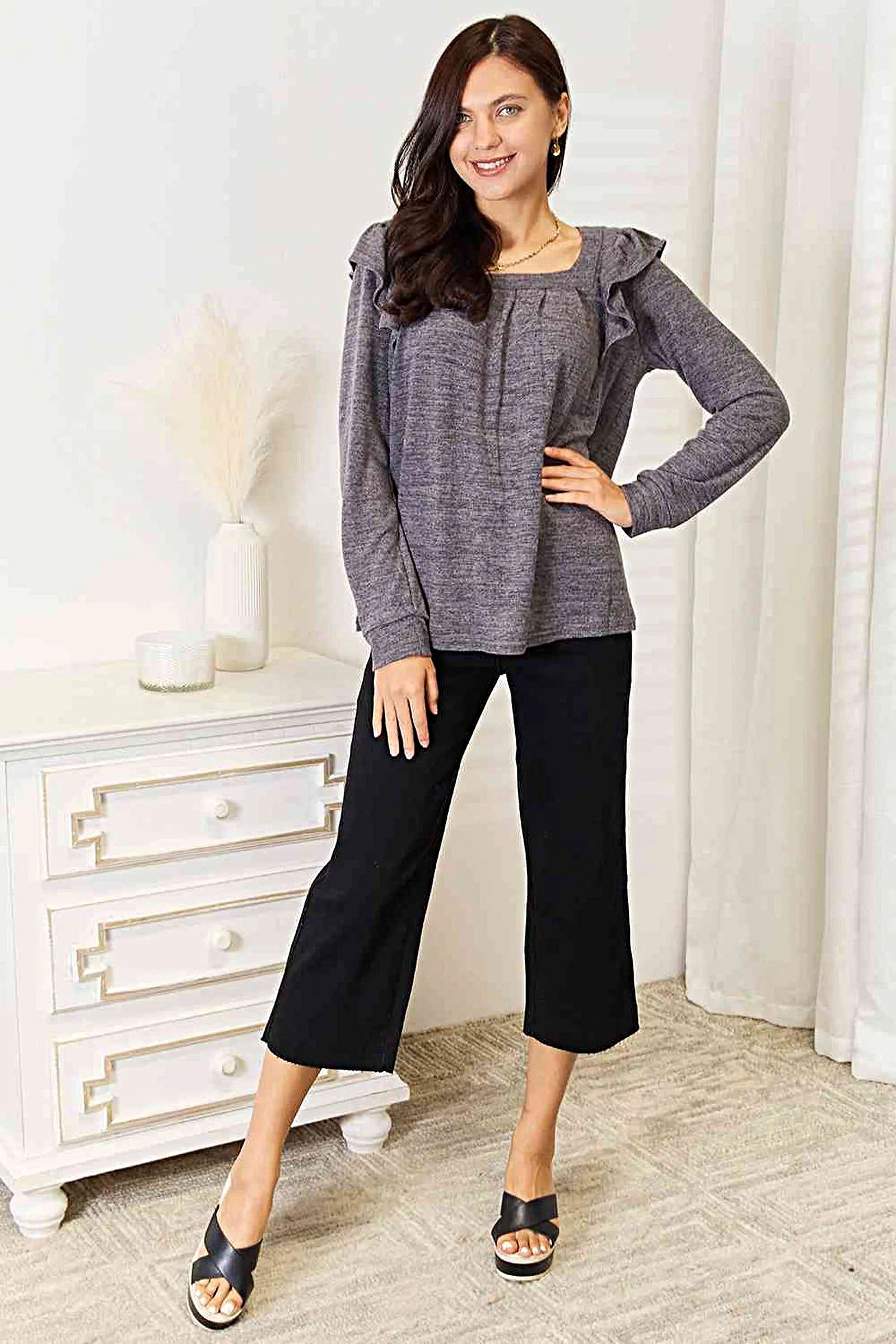 Elegant Ruffle Shoulder Top - Square Neck Long Sleeve T-Shirt in Plus Sizes Trendsi