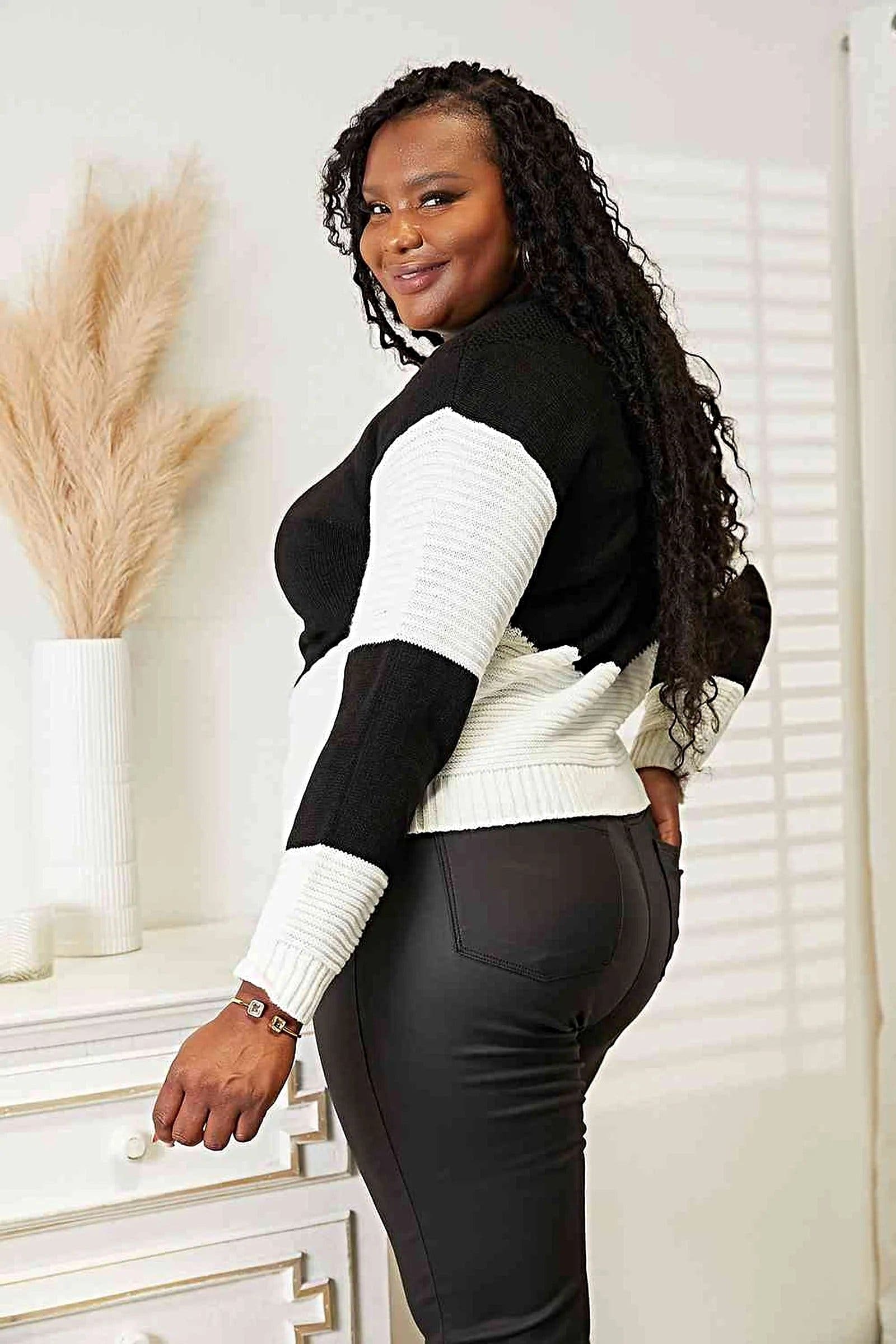Two-Tone Openwork Rib-Knit Sweater with Long Sleeves - Cozy 100% Acrylic Fashion Essential Trendsi