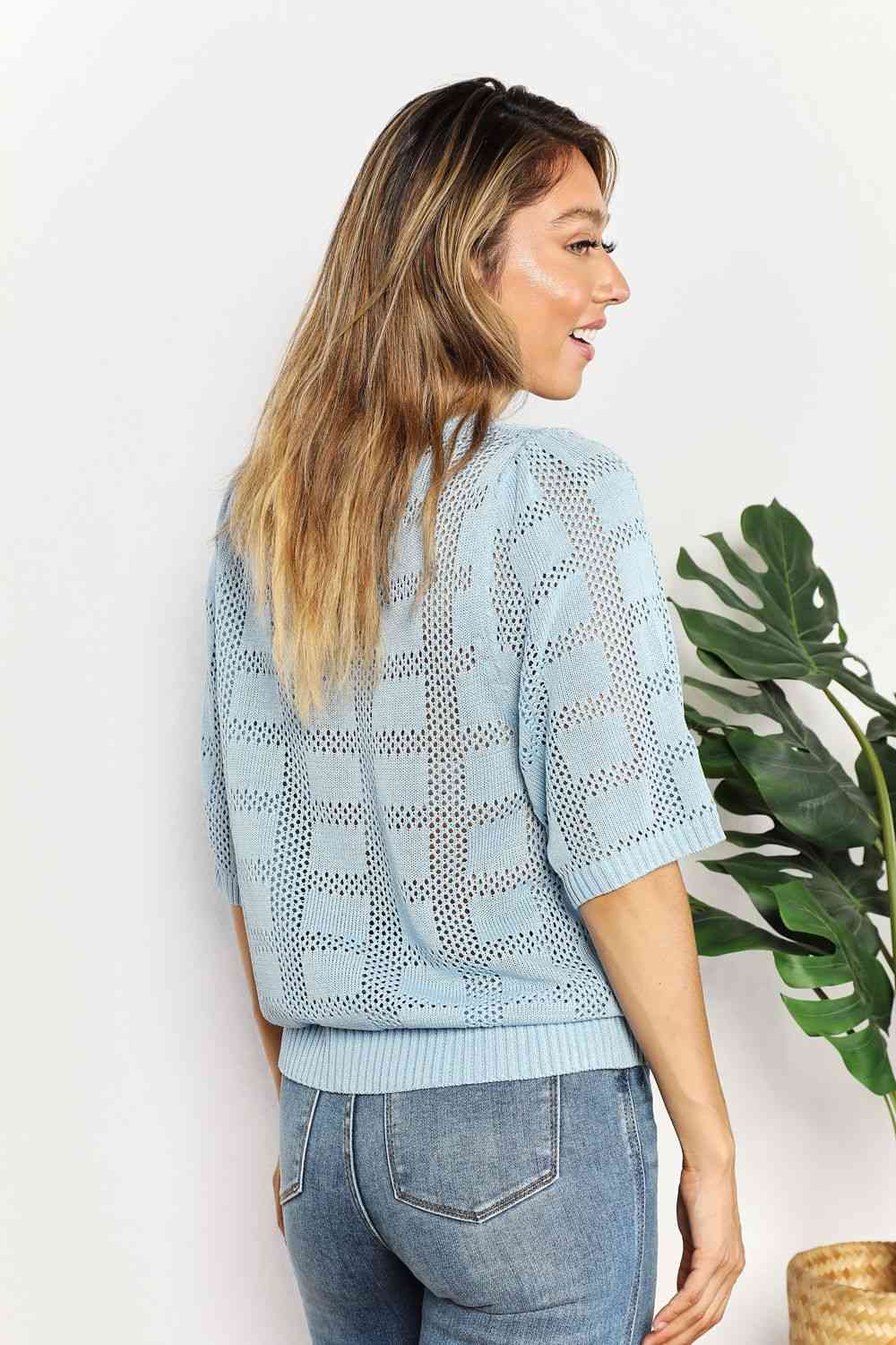 Chic Ribbed Knit Top with Round Neckline and Half Sleeves for Effortless Style Trendsi