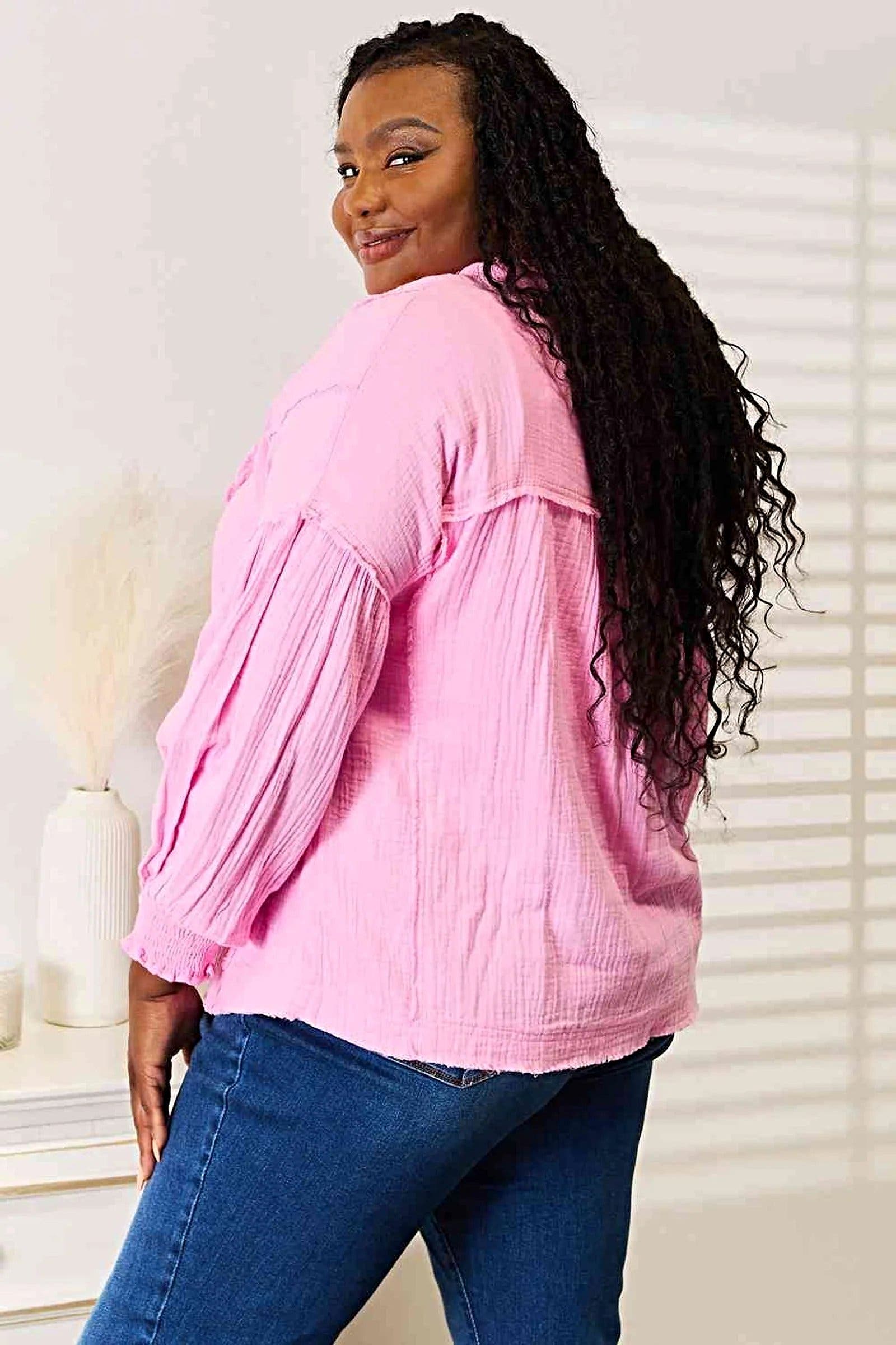 Chic Double Take Exposed Seam Notched Neck Blouse in 100% Cotton for Effortless Elegance Trendsi