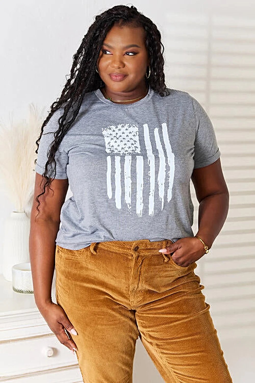 Simply Love US Flag Graphic Cuffed Sleeve T-Shirt -