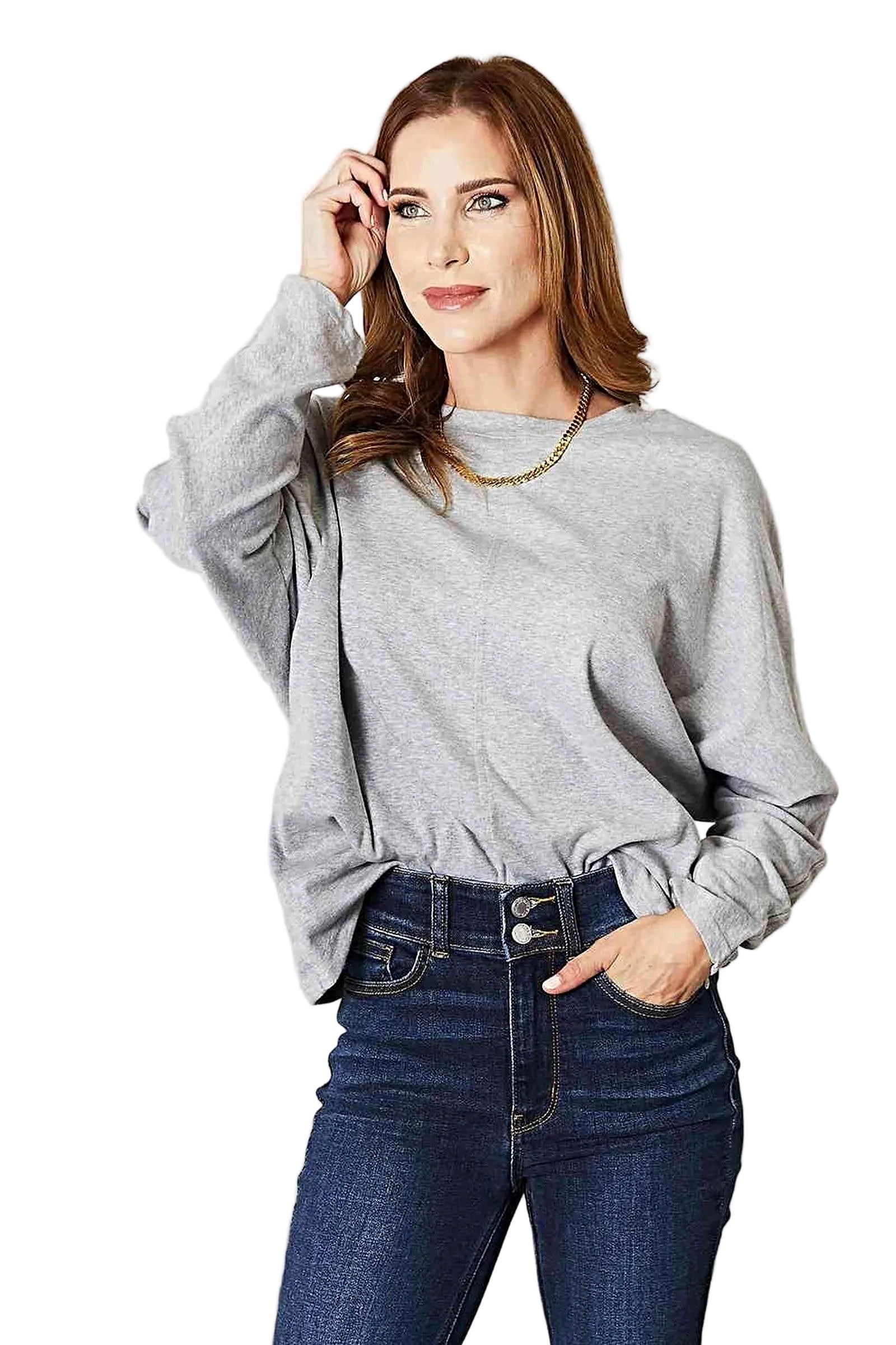 Sophisticated Round Neck Long Sleeve Shirt with Seam Detail – Versatile Basic Top Trendsi