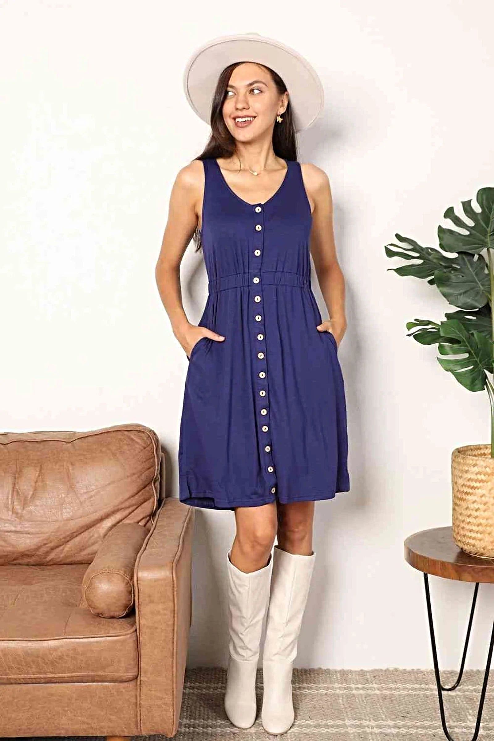 Double Take Button Front Empire Waist Sleeveless Slit Magic Dress -