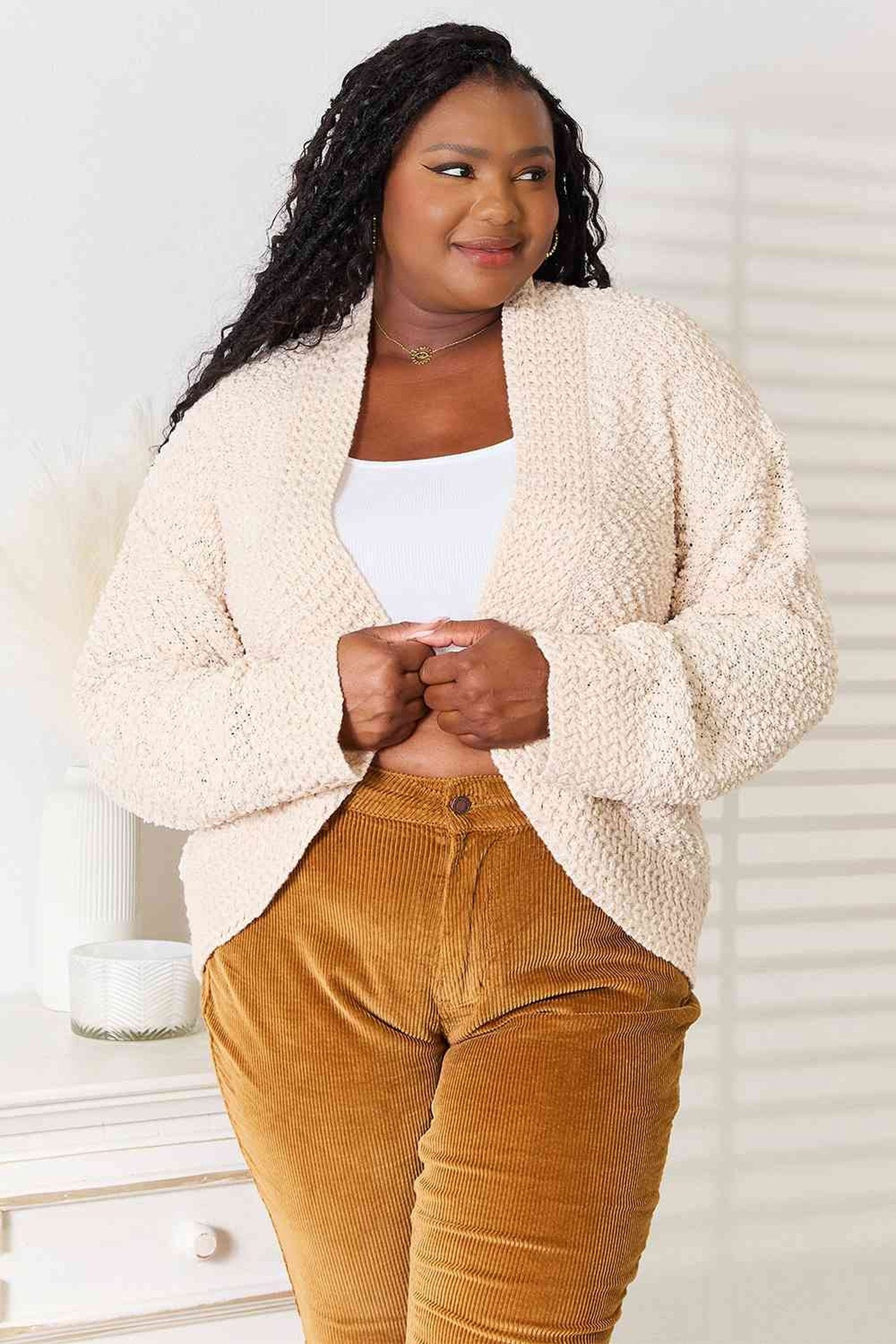 Elegant 100% Acrylic Open Front Cardigan with Long Sleeves - Cozy Layering Essential Trendsi