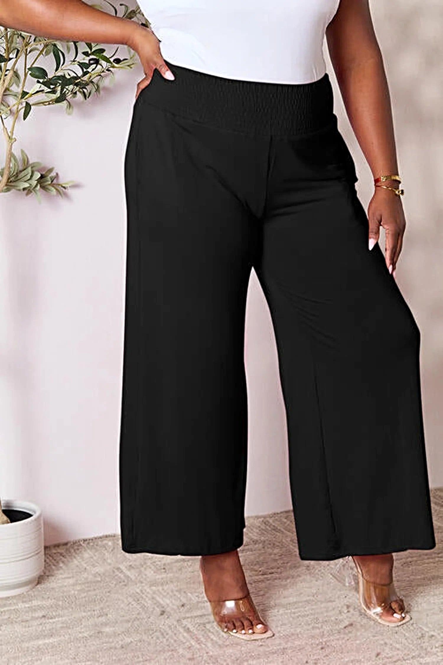 Elegant Wide Leg Pants with Smocked Waistband - Opaque Comfort in Sizes S-3XL Trendsi