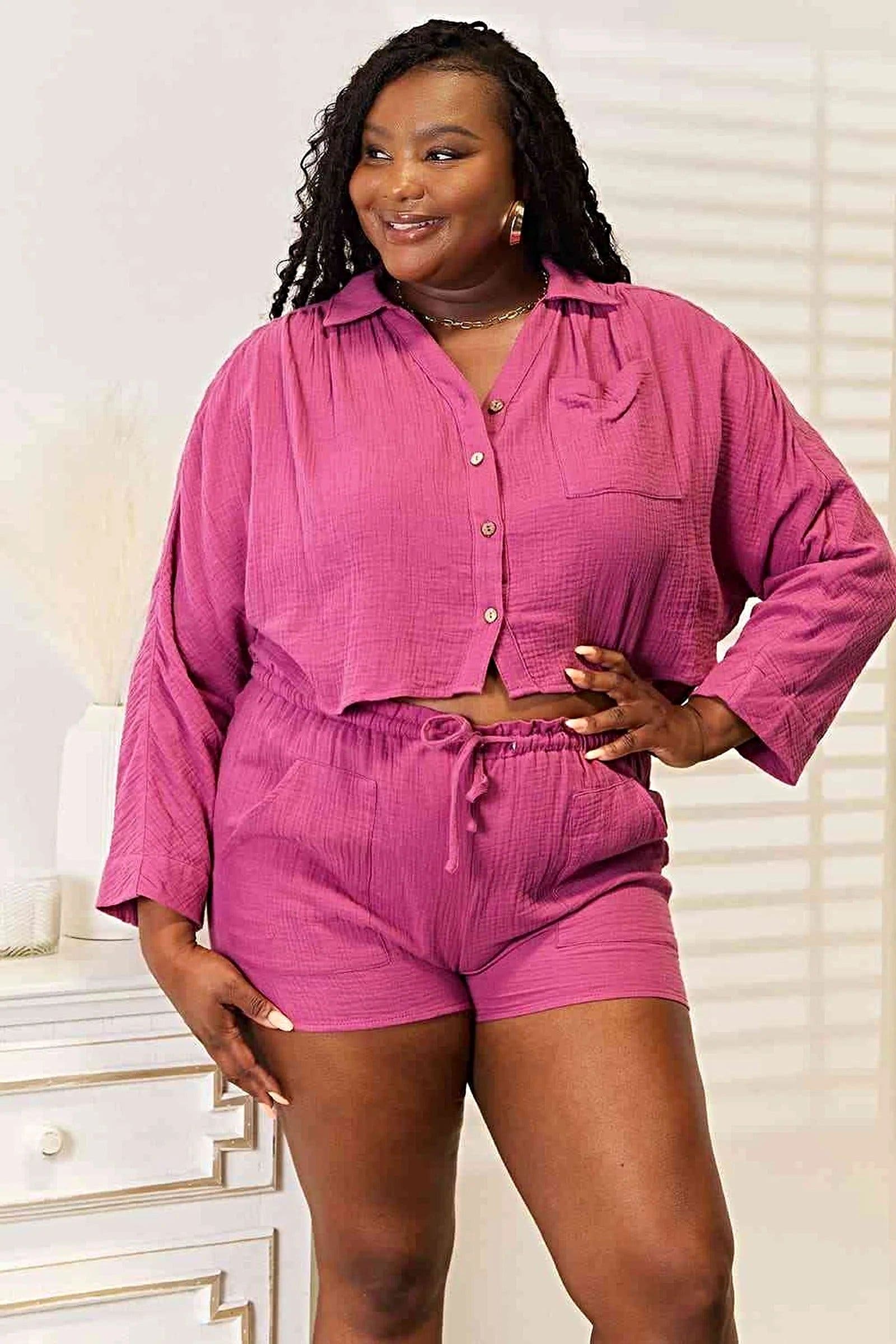 Casual Summer Outfit: 2-Piece Buttoned Long Sleeve Top & Shorts Set for Stylish Comfort Trendsi