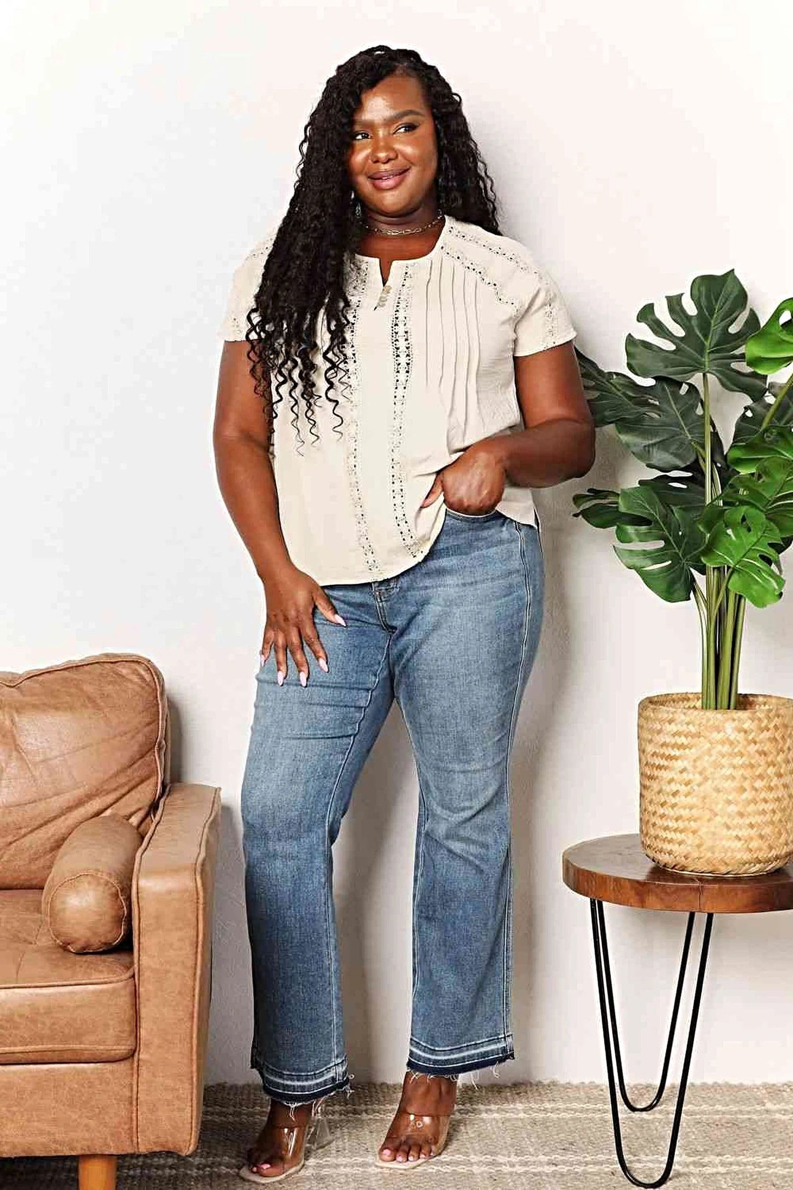 Chic Short Sleeve Crochet Shirt with Button Detail - Available in Plus Sizes Trendsi
