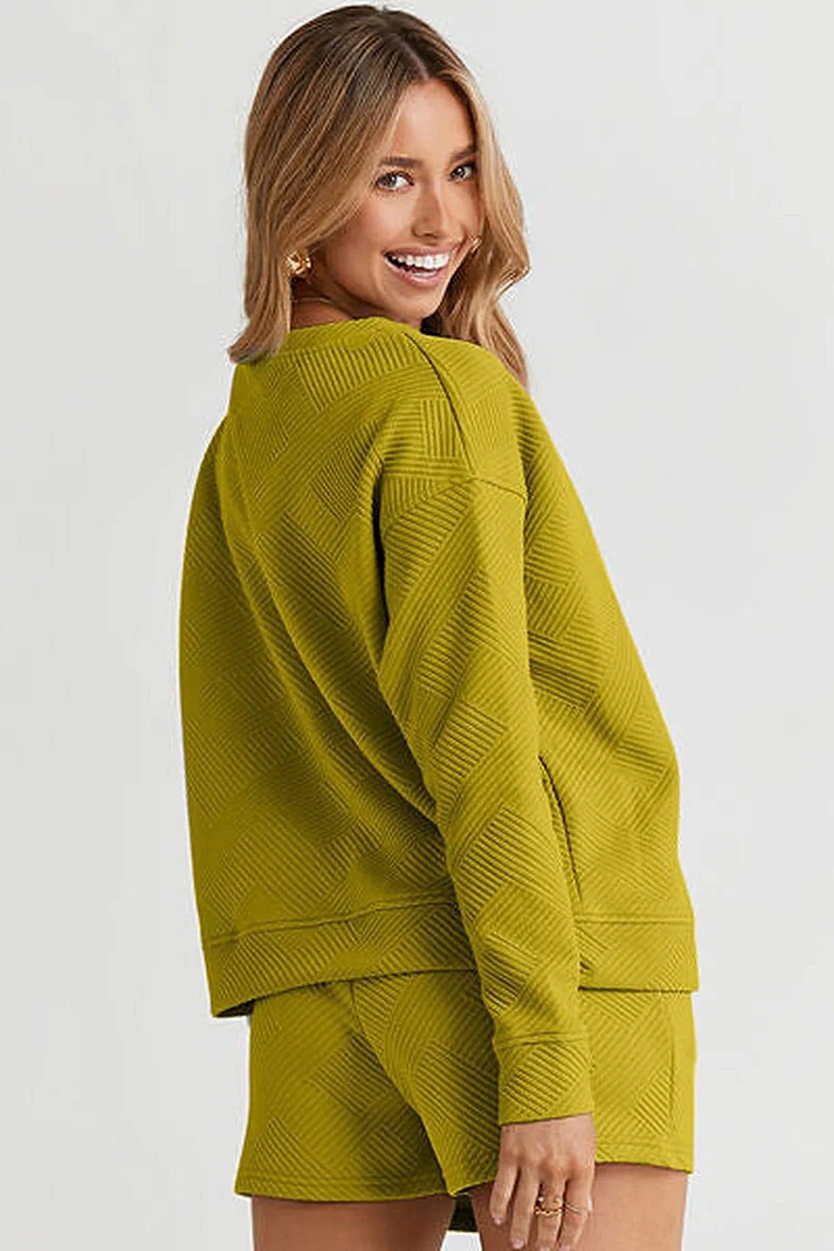 Double Take Full Size Long Sleeve Top Shorts Set with Pockets - Comfortable & Stretchy Trendsi