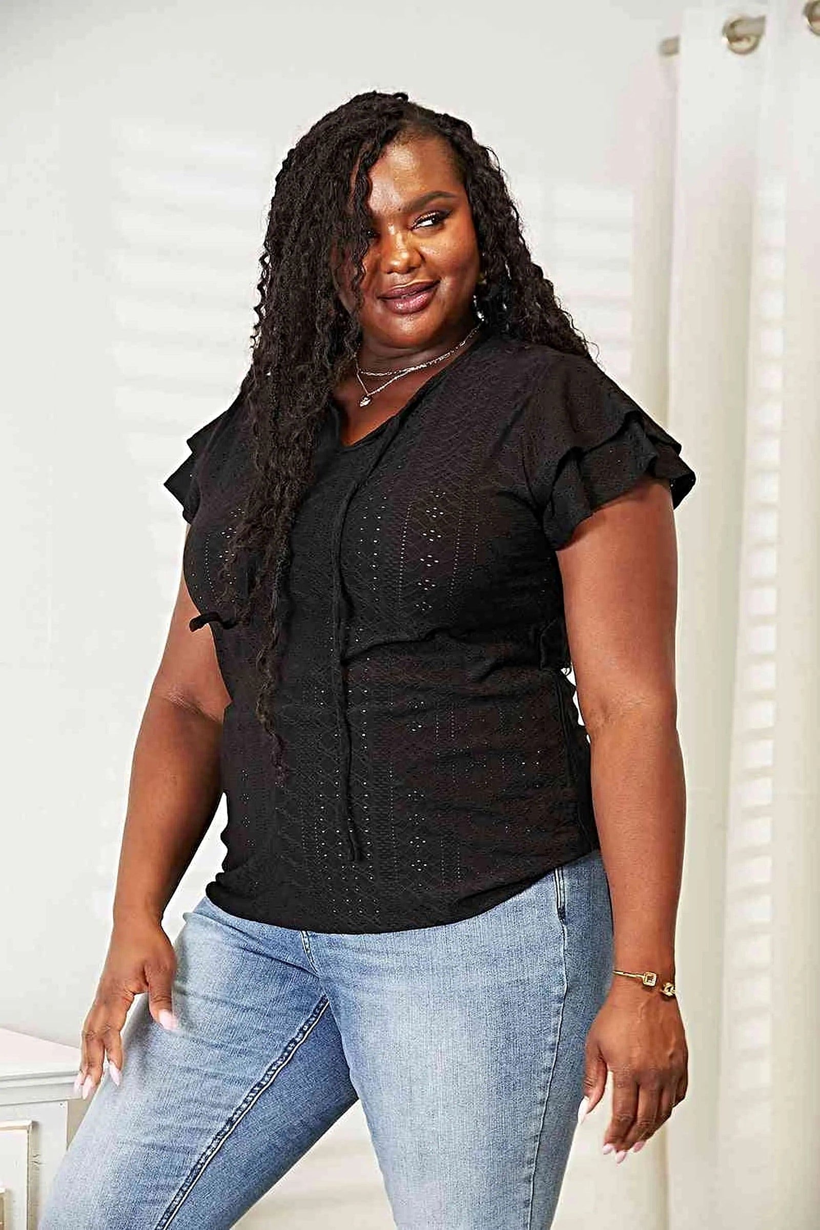 Double Take Eyelet Tie-Neck Flutter Sleeve Blouse -