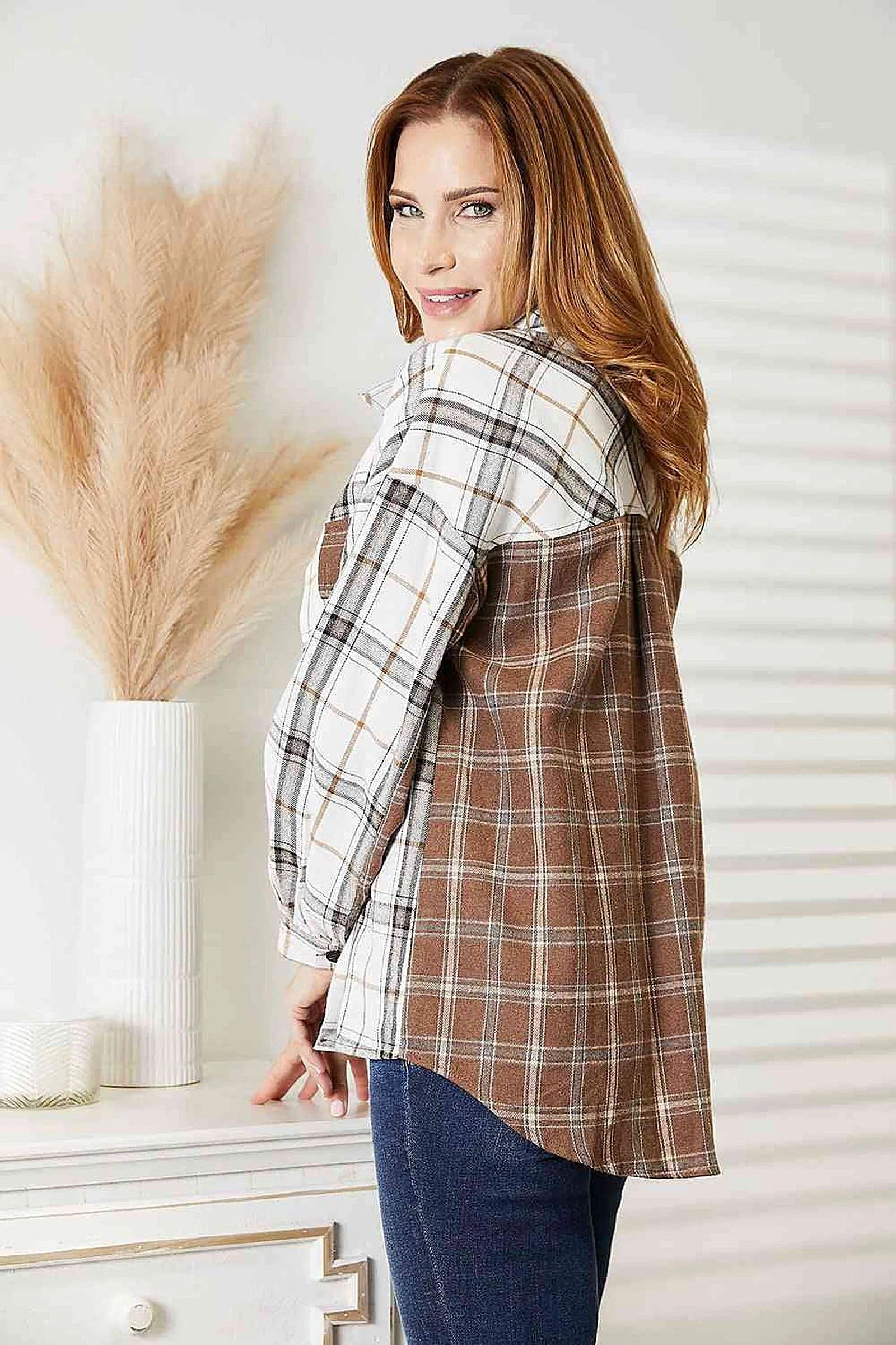 Double Take Plaid Contrast Button Up Shirt Jacket -
