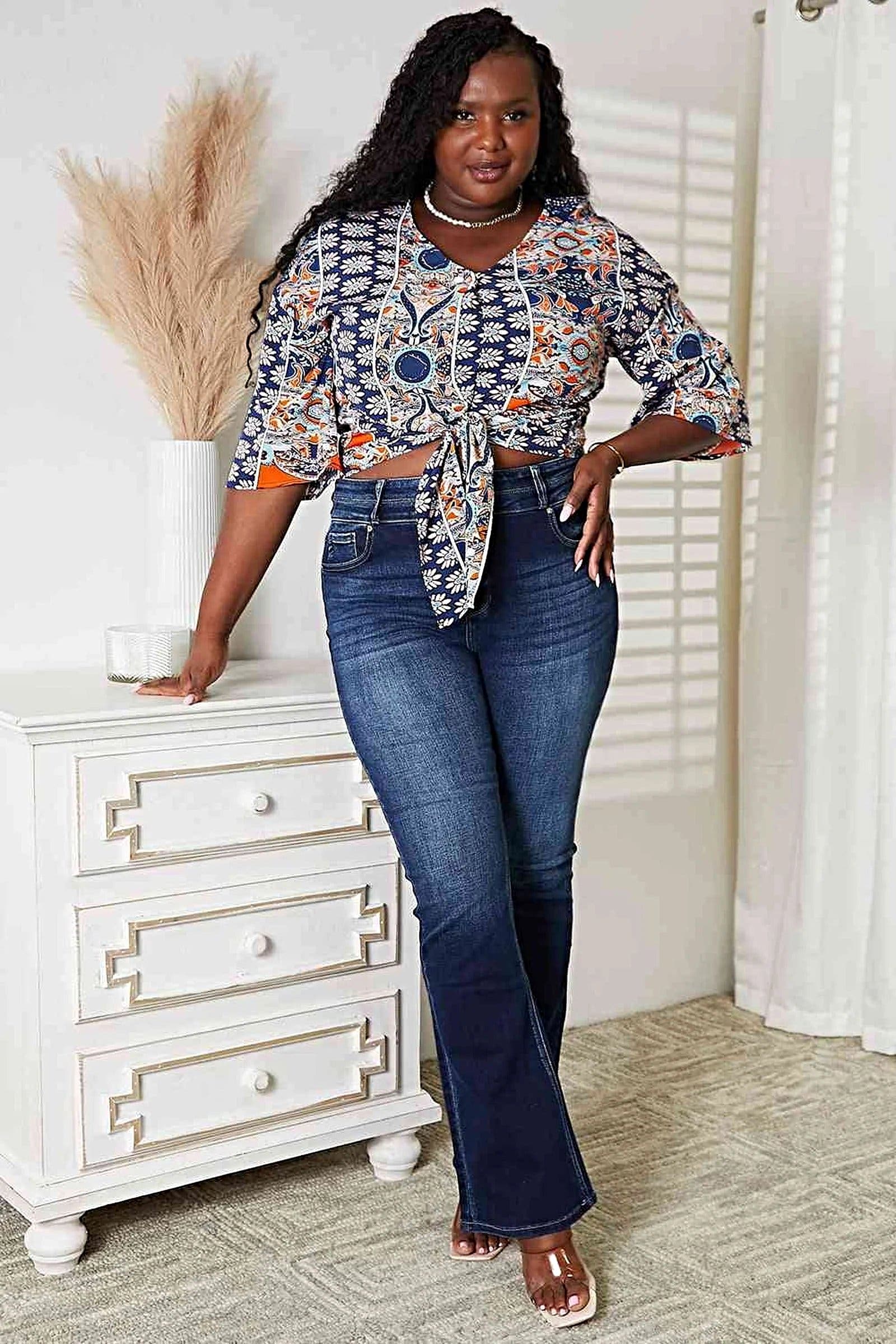 Chic Double Take Three-Quarter Sleeve Blouse with V-Neck and Tie Hem Detail Trendsi