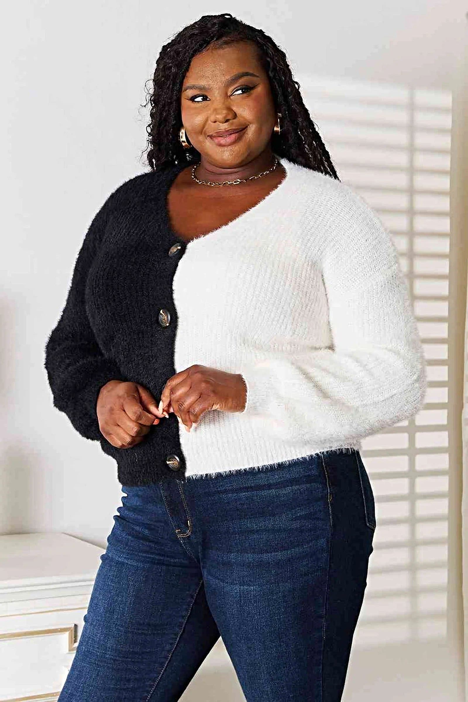 Woven Right Contrast Button-Front V-Neck Cardigan, Also in Plus sizes -