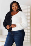 Woven Right Contrast Button-Front V-Neck Cardigan, Also in Plus sizes-Trendsi-SatinBoutique