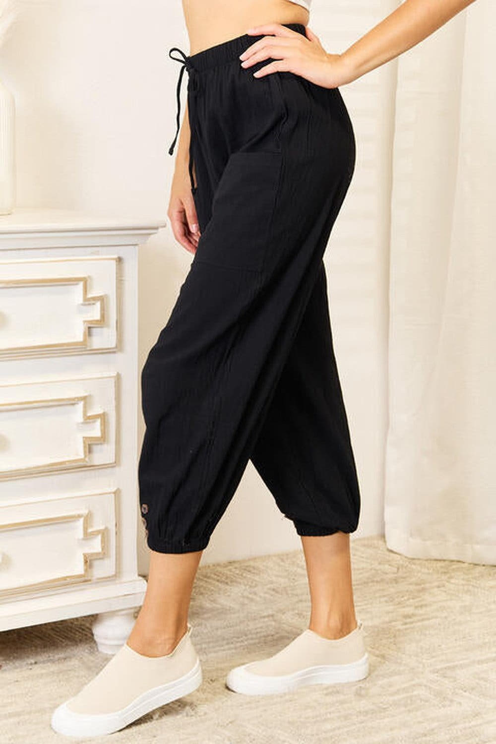Double Take Decorative Button Cropped Pants, Also Plus sizes -