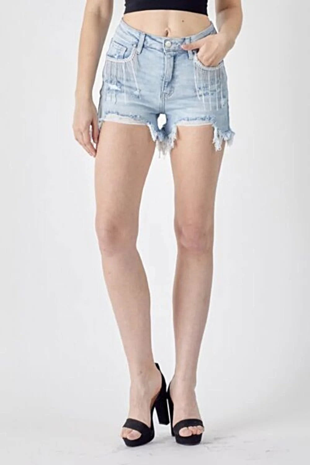 Sophisticated Frayed Hem Denim Shorts with Unique Fringe Detail Pockets for Fashion-Forward Style Trendsi