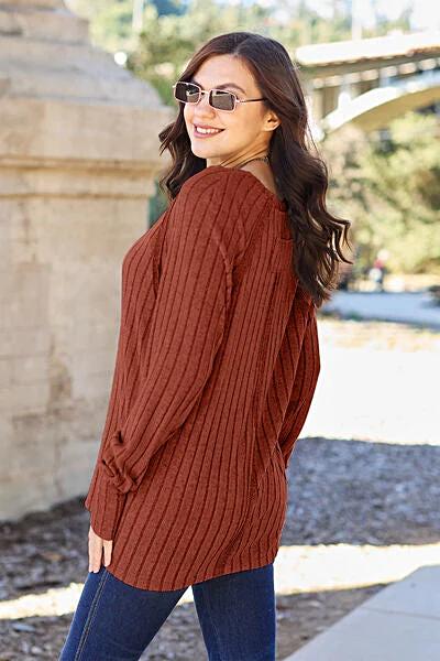 Trendy Ribbed Long Sleeve Top - Basic Bae Opaque Knit with Slight Stretch in Various Sizes Trendsi