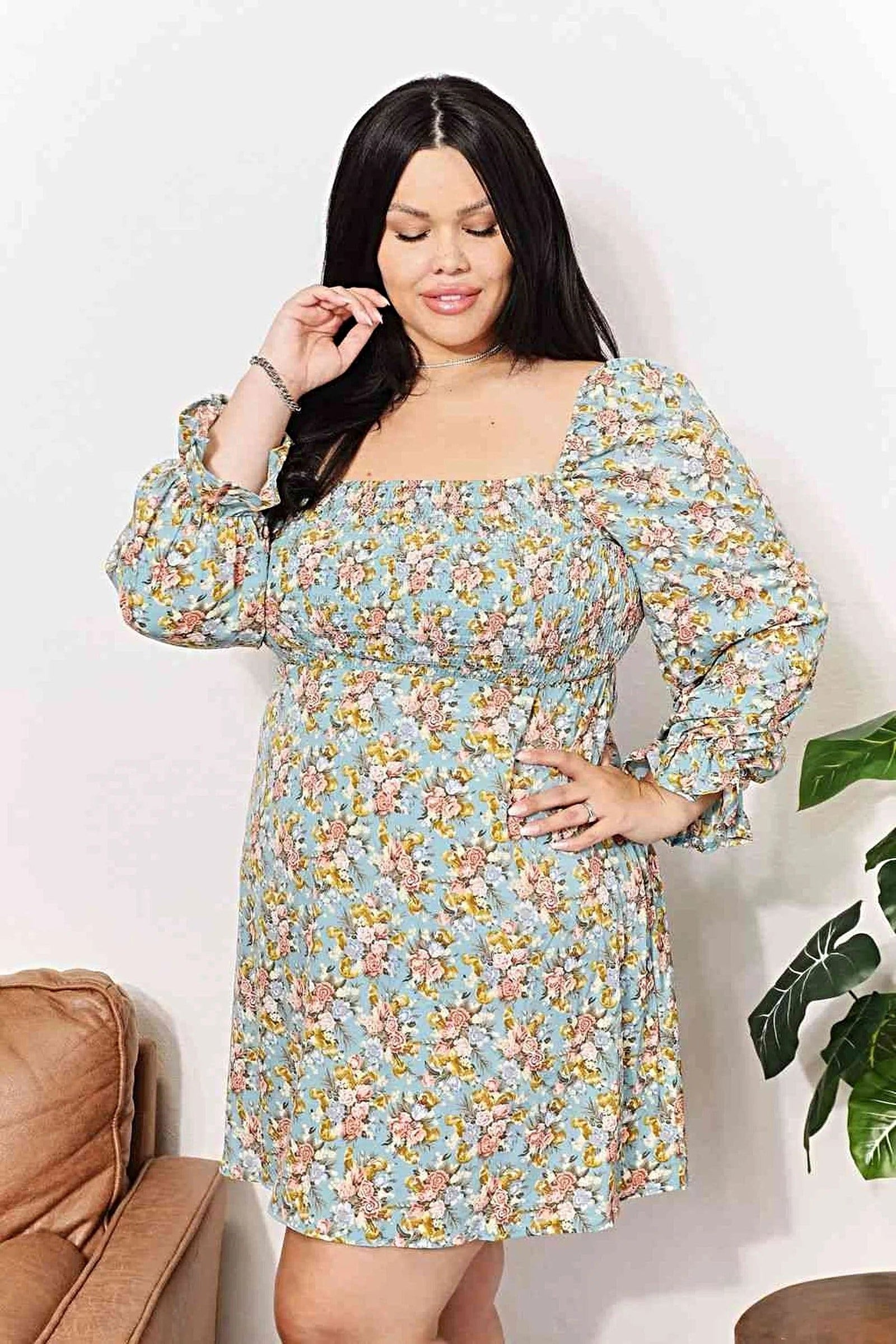 Double Take Floral Smocked Flounce Sleeve Square Neck Dress -