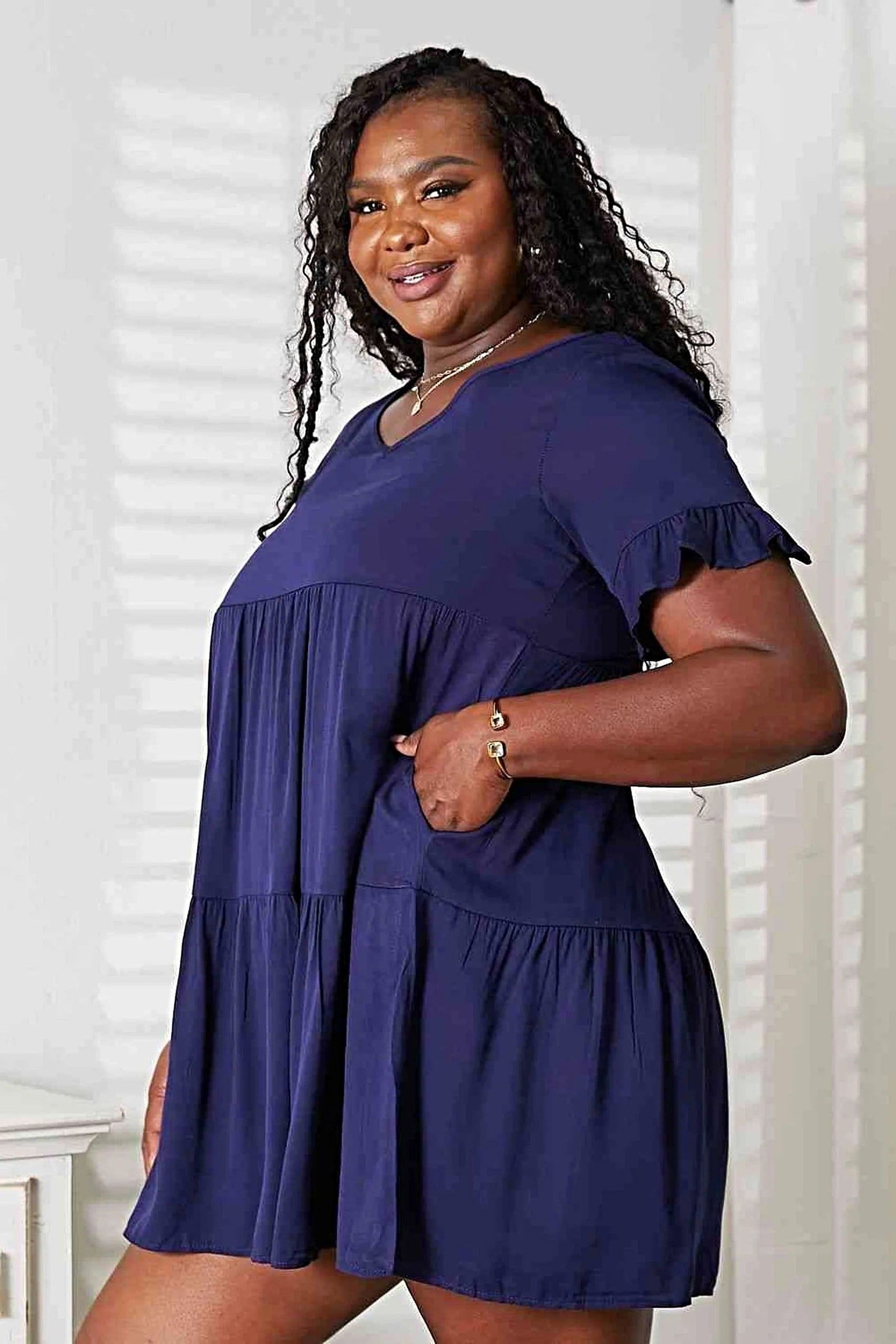 Double Take V-Neck Flounce Sleeve Tiered Dress -