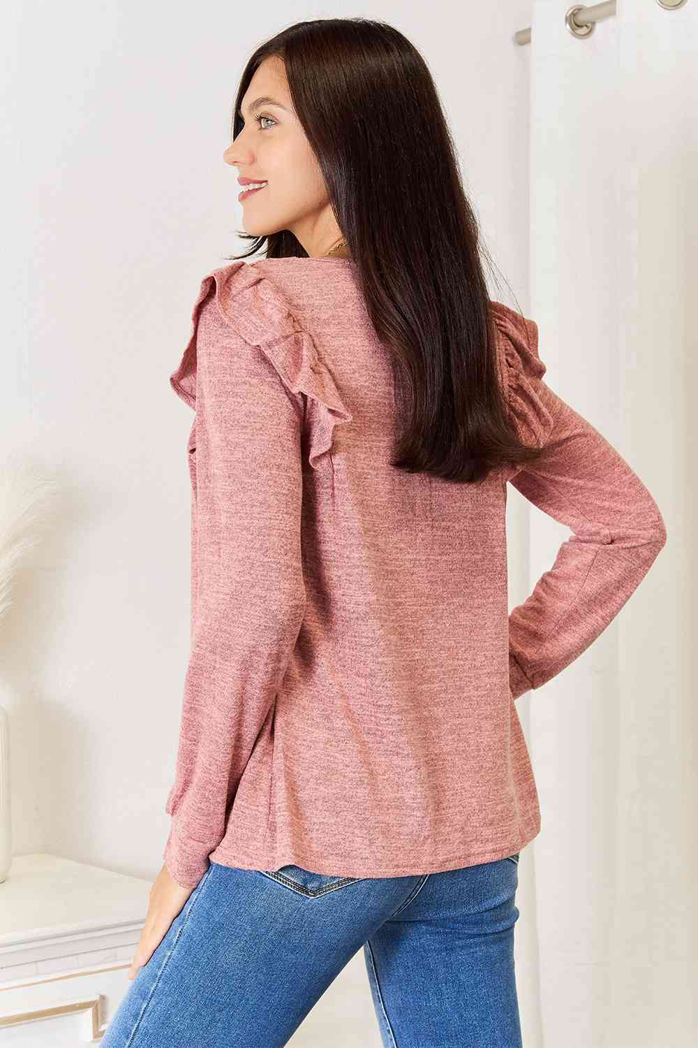 Elegant Ruffle Shoulder Top - Square Neck Long Sleeve T-Shirt in Plus Sizes Trendsi