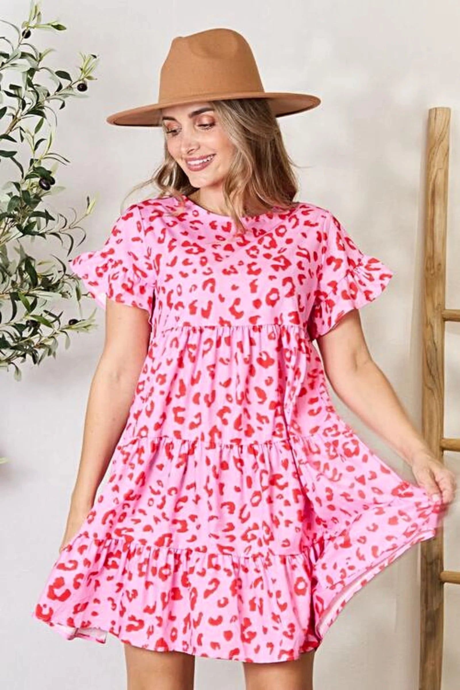 Double Take Short Flounce Sleeve Tiered Dress -