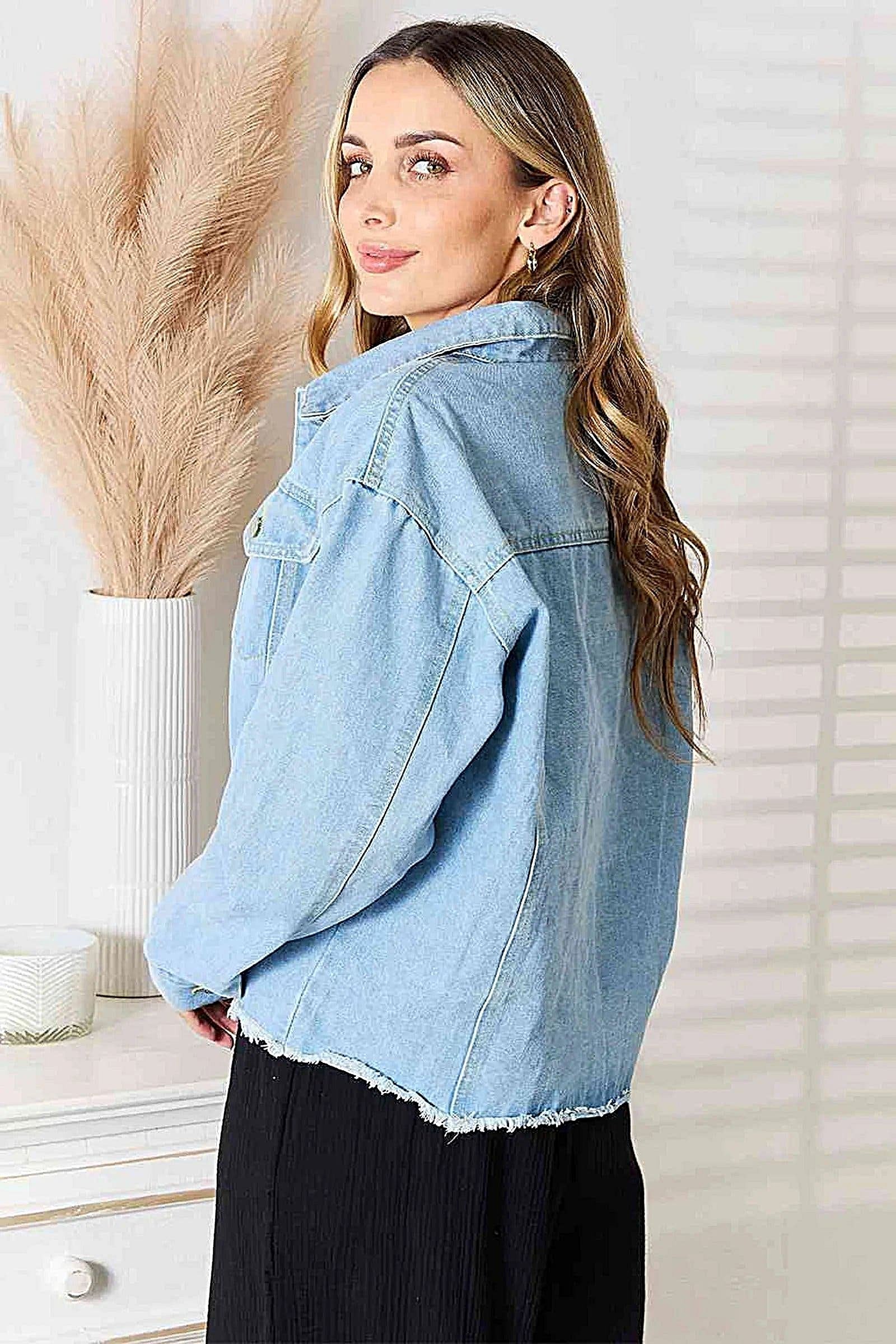 Fashionable Dropped Shoulder Denim Jacket with Raw Hem - Edgy Casual Layering Piece Trendsi