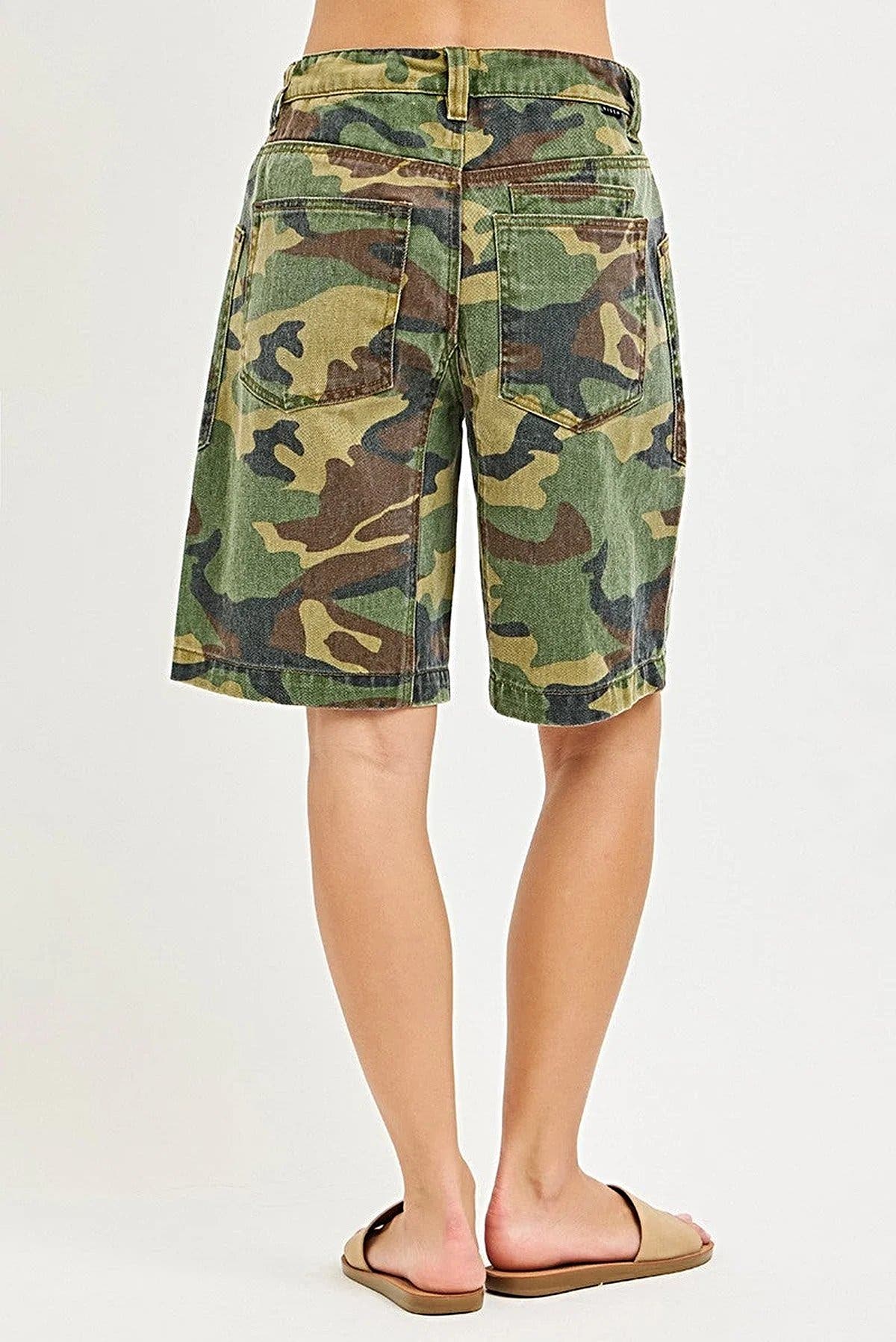 RISEN Camo Print Slouchy Jorts with Eyelet Drawstring -