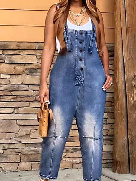 Full Size Button Front Denim Overalls with Pockets Plus Size -