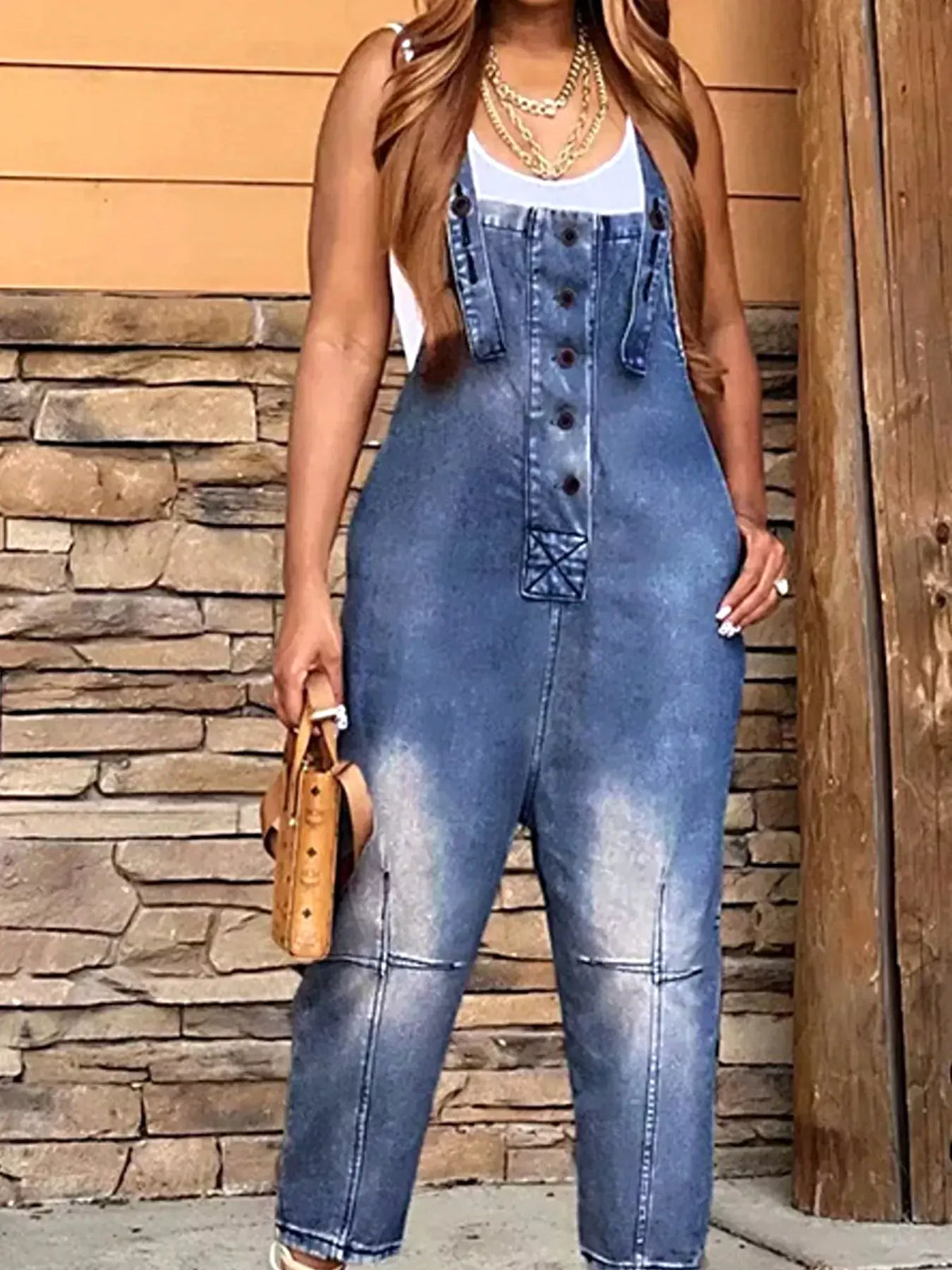 Full Size Button Front Denim Overalls with Pockets Plus Size -
