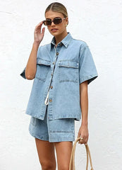 Collared Neck Button Up Top and Shorts Denim Set -