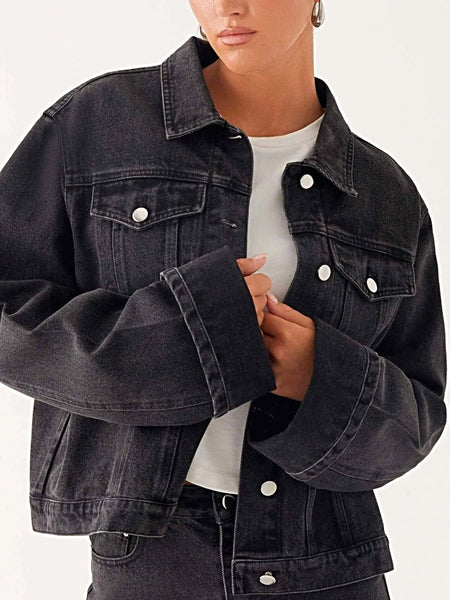Button Down Cropped Oversized Denim Jacket -