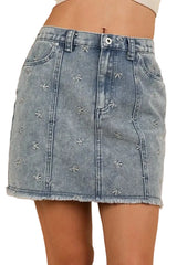 VERY J Bow Printed Casual Denim Mini Skirt -