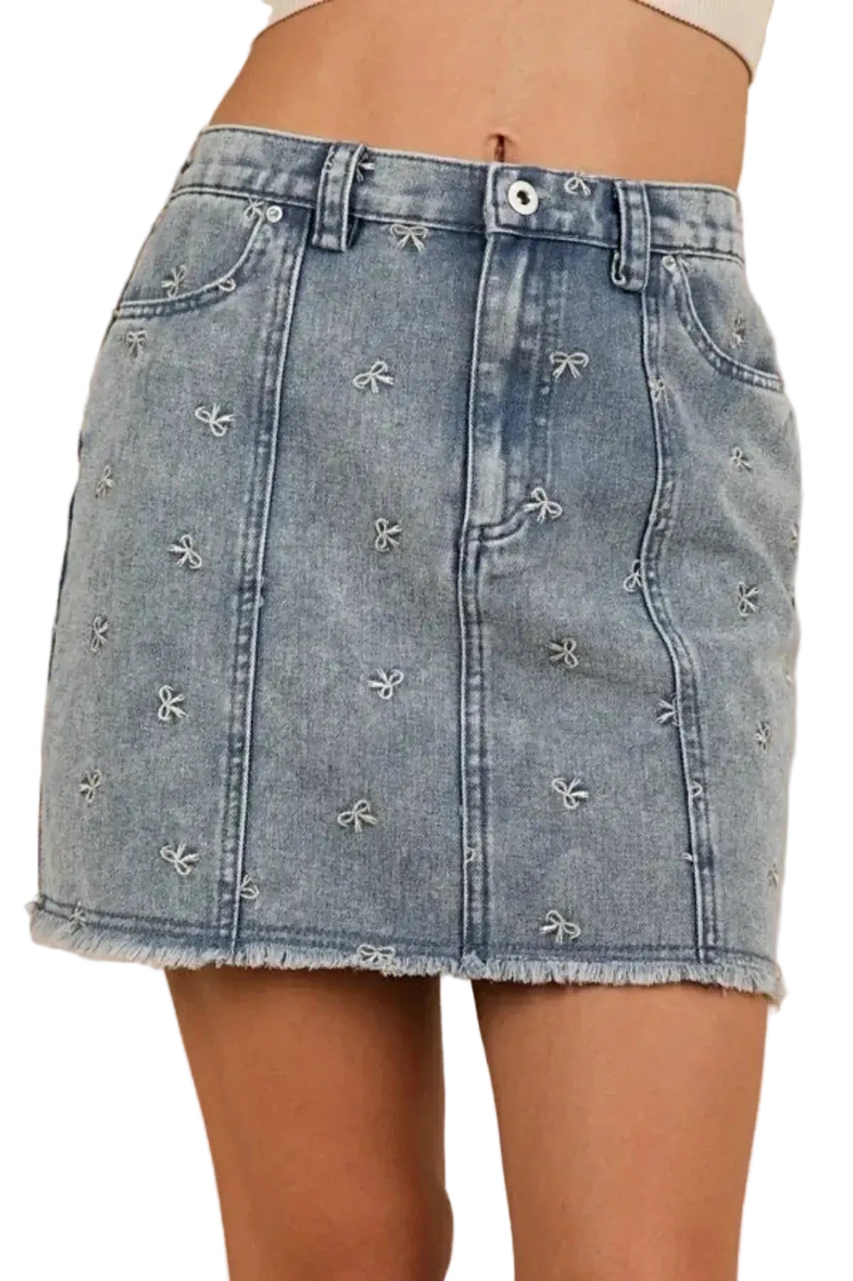 VERY J Bow Printed Casual Denim Mini Skirt -