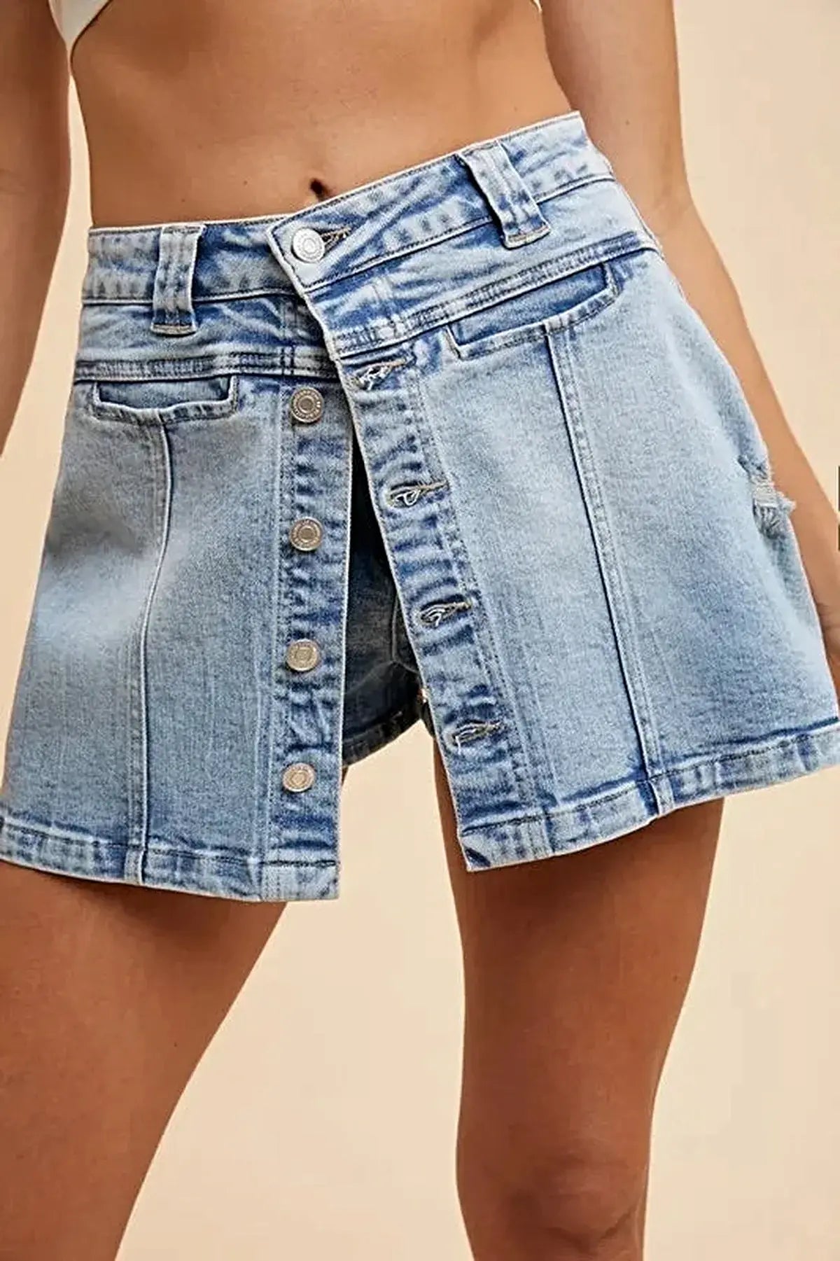 Annie Wear Button Detail Stretch Denim Wrap Mini Skort -