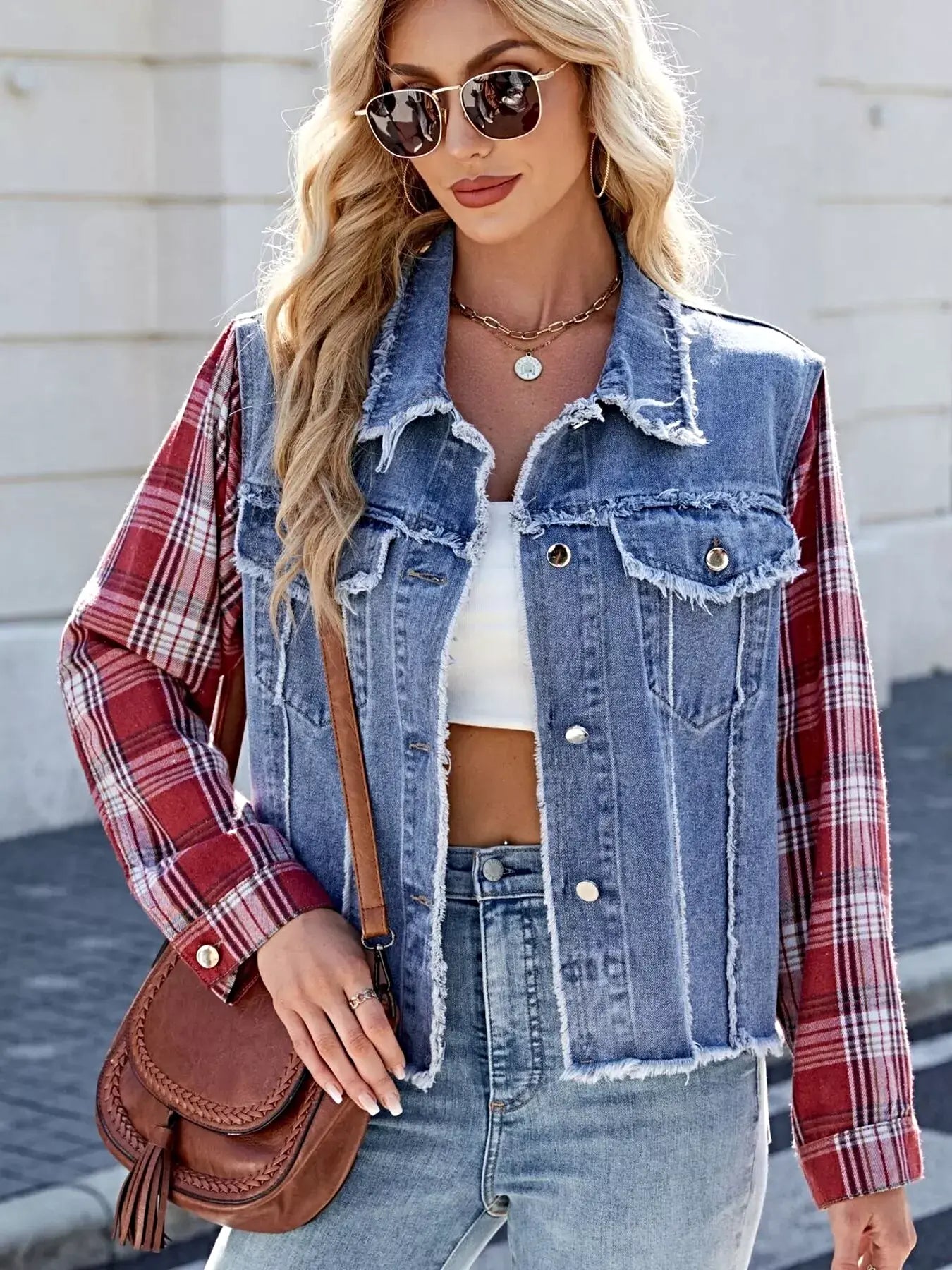 Raw Hem Plaid Sleeve Denim Jacket -