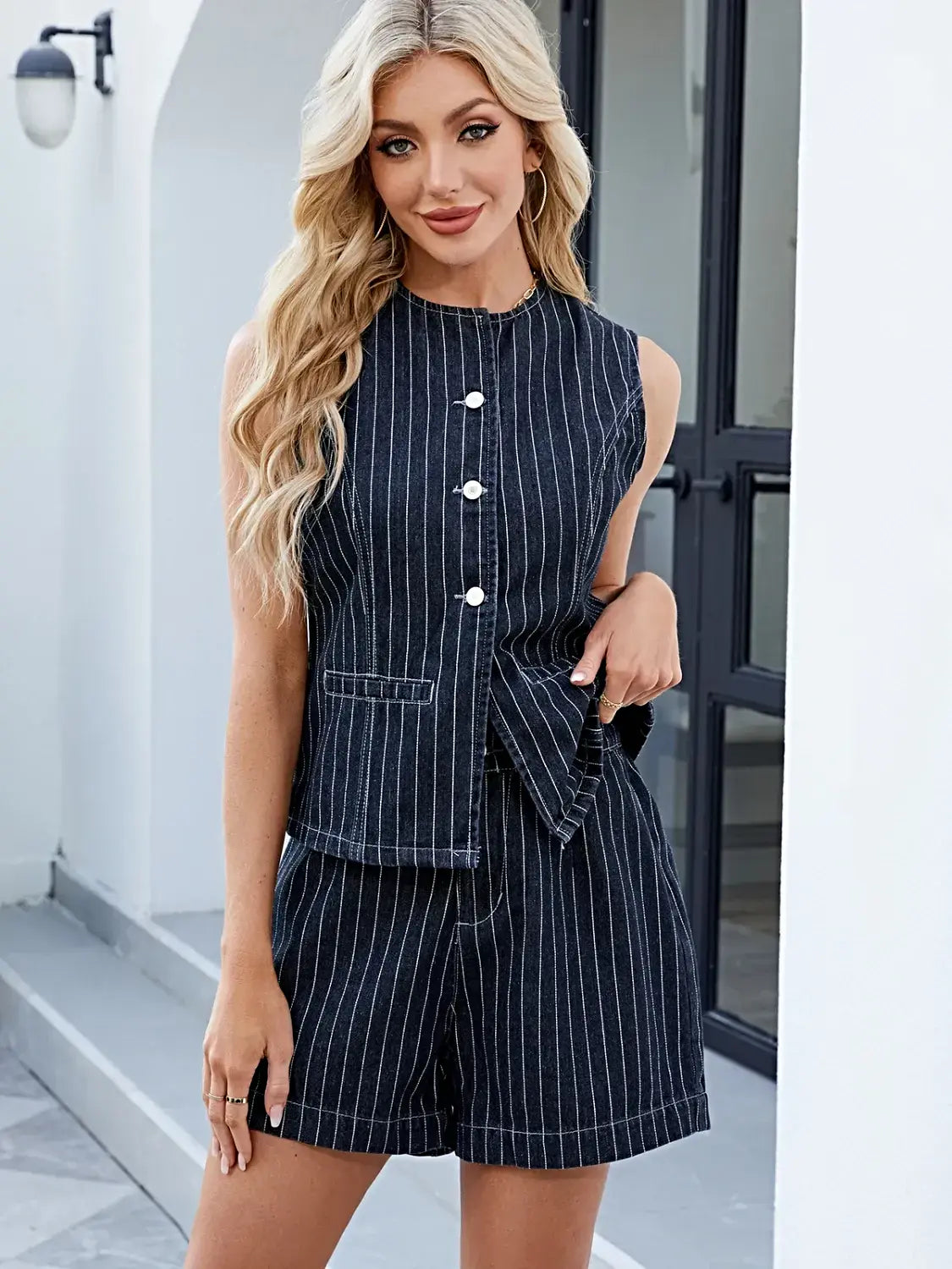 Round Neck Striped Top and Shorts Denim Set -