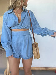 Full Size Long Sleeve Top and Shorts Denim Set Plus Size -