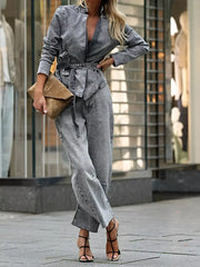 Long Sleeve Top and Wide Leg Jeans Denim Set -