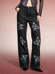 Butterfly Print High-Waisted Wide Leg Jeans -