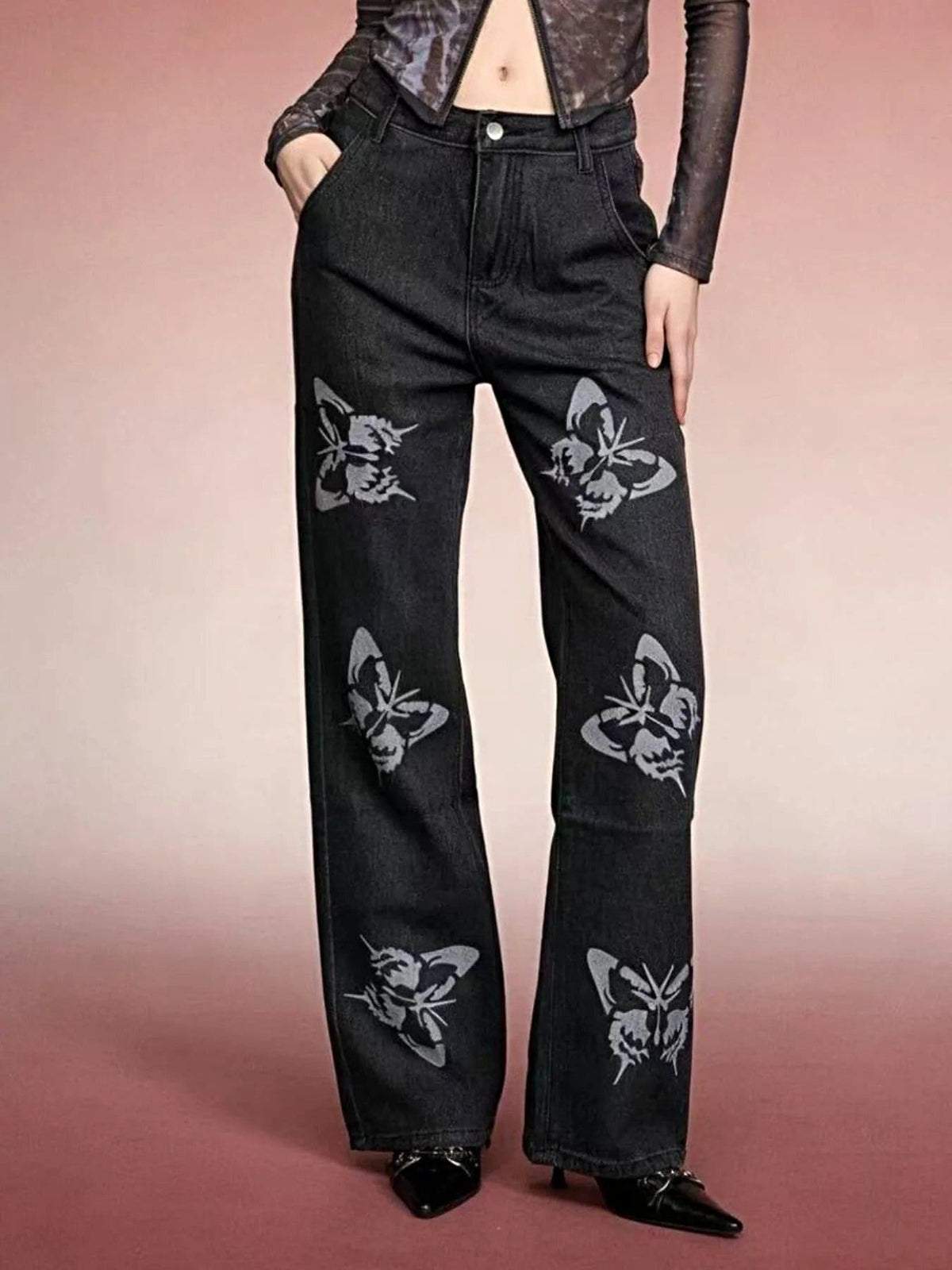 Butterfly Print High-Waisted Wide Leg Jeans -