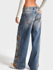 Floral Embroidered Wide Leg Jeans -
